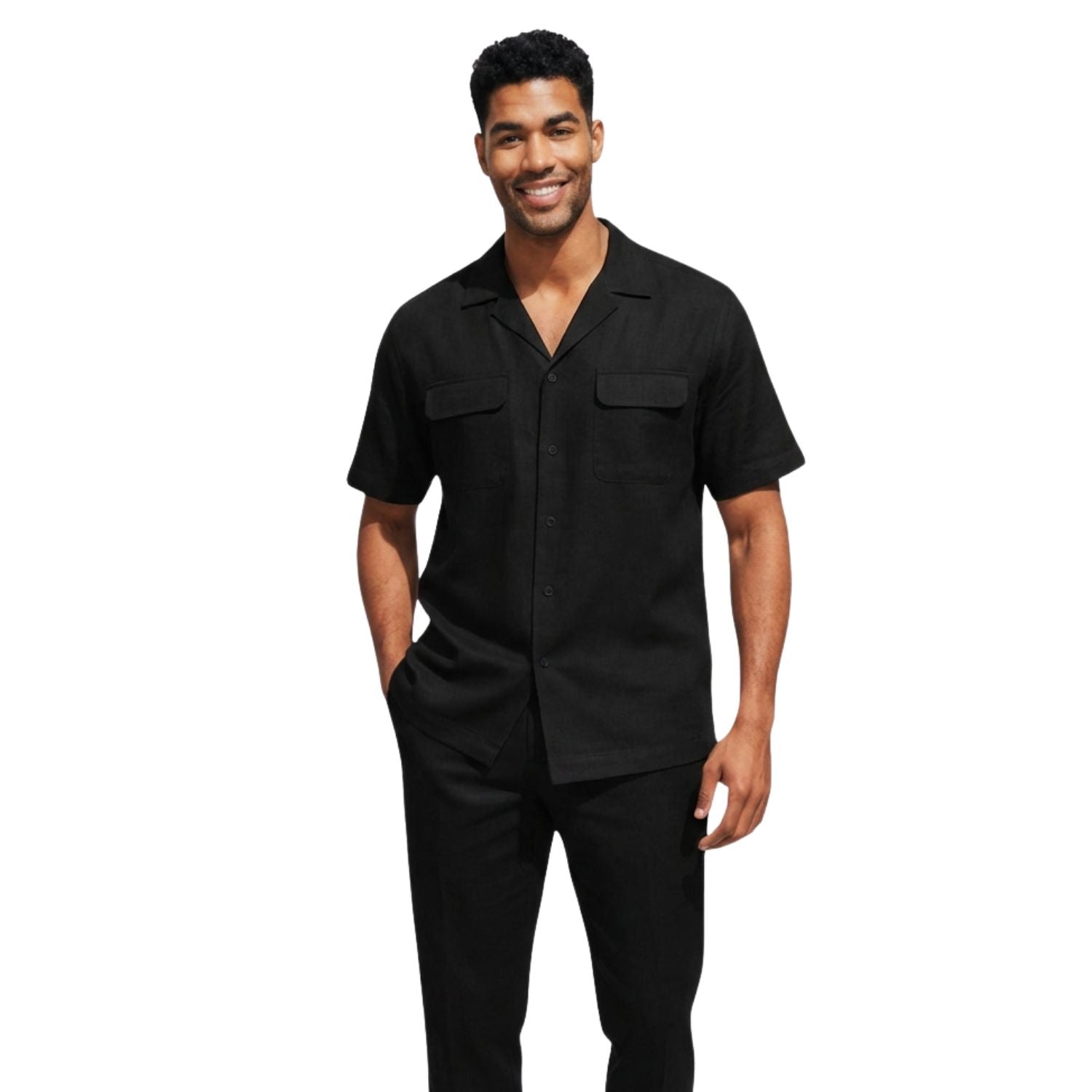 black linen short sleeve walking suit set