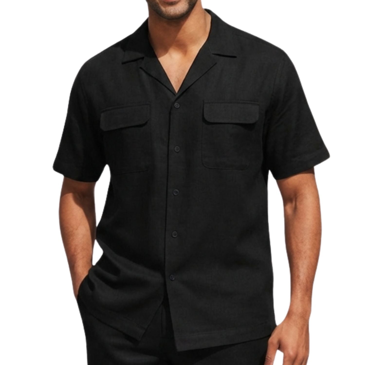 Black short sleeve linen walking suit shirt showing the pocket and collar detail.