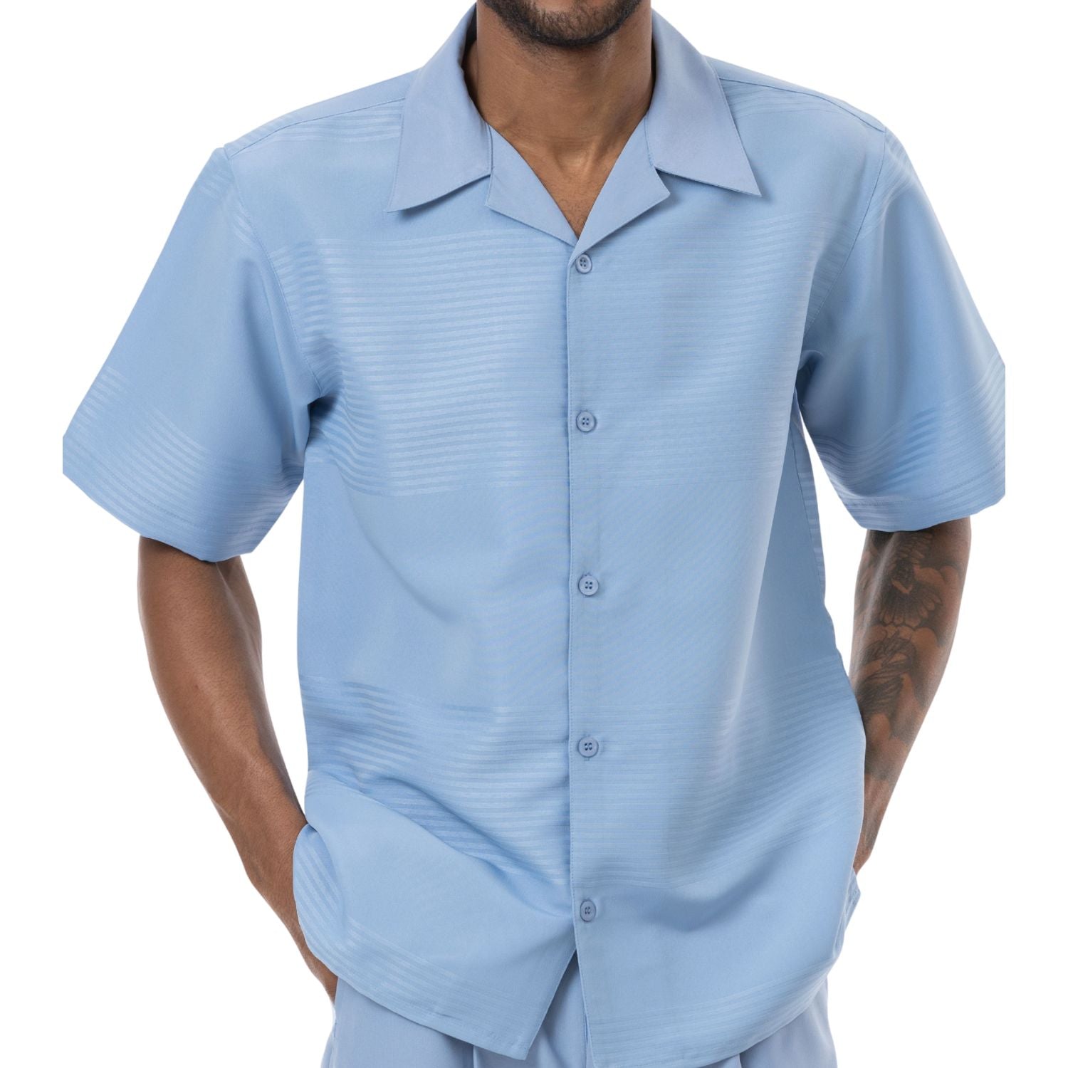 Front profile of the carolina short-sleeve walking suit set showing the relaxed fit and 1" cuff detail.