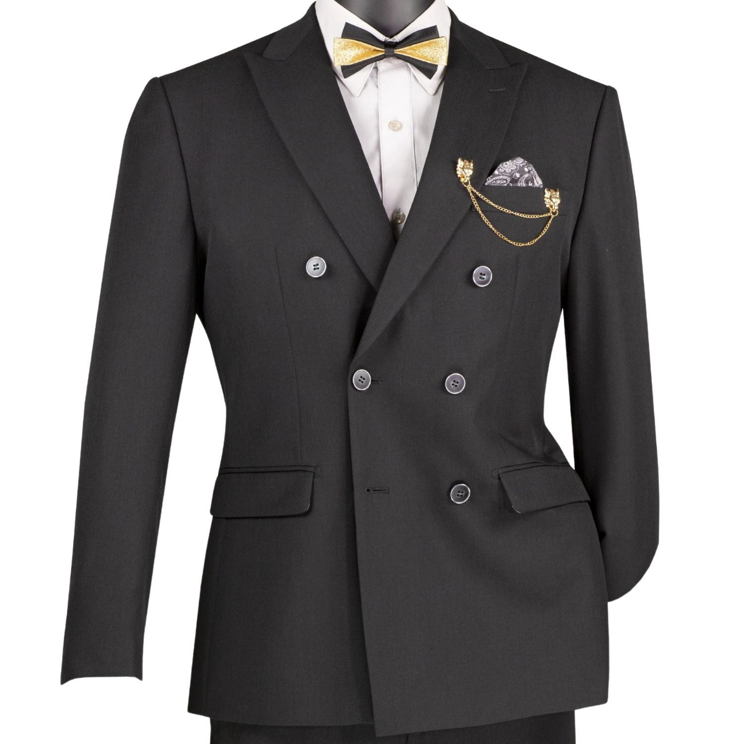 Front profile of the Shapley Collection black suit showing the slim-fit tailoring and side vents.
