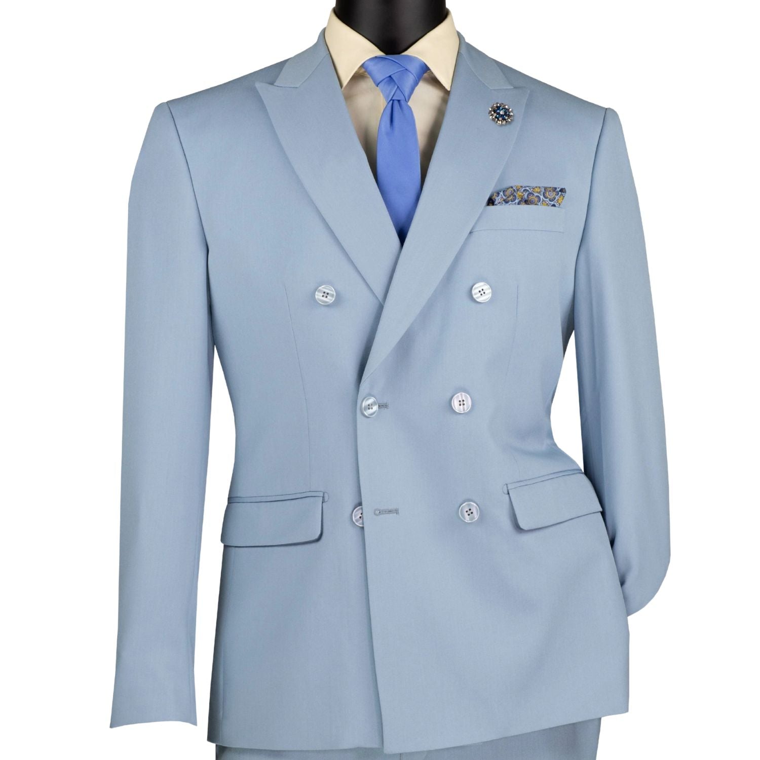 Front profile of the Shapley Collection ice blue suit showing the slim-fit tailoring and side vents.
