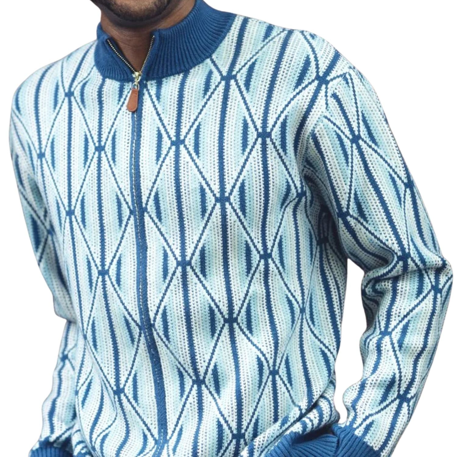 close up blue geometric diamond knit sweater texture