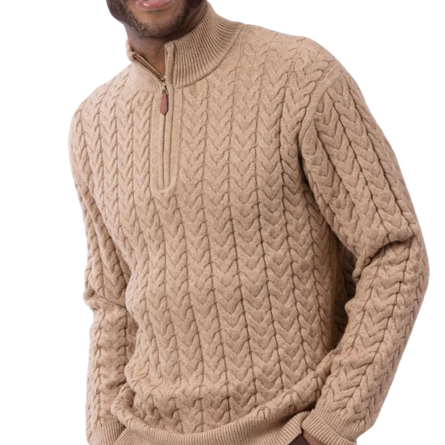 close up of beige quarter zip cable knit sweater texture