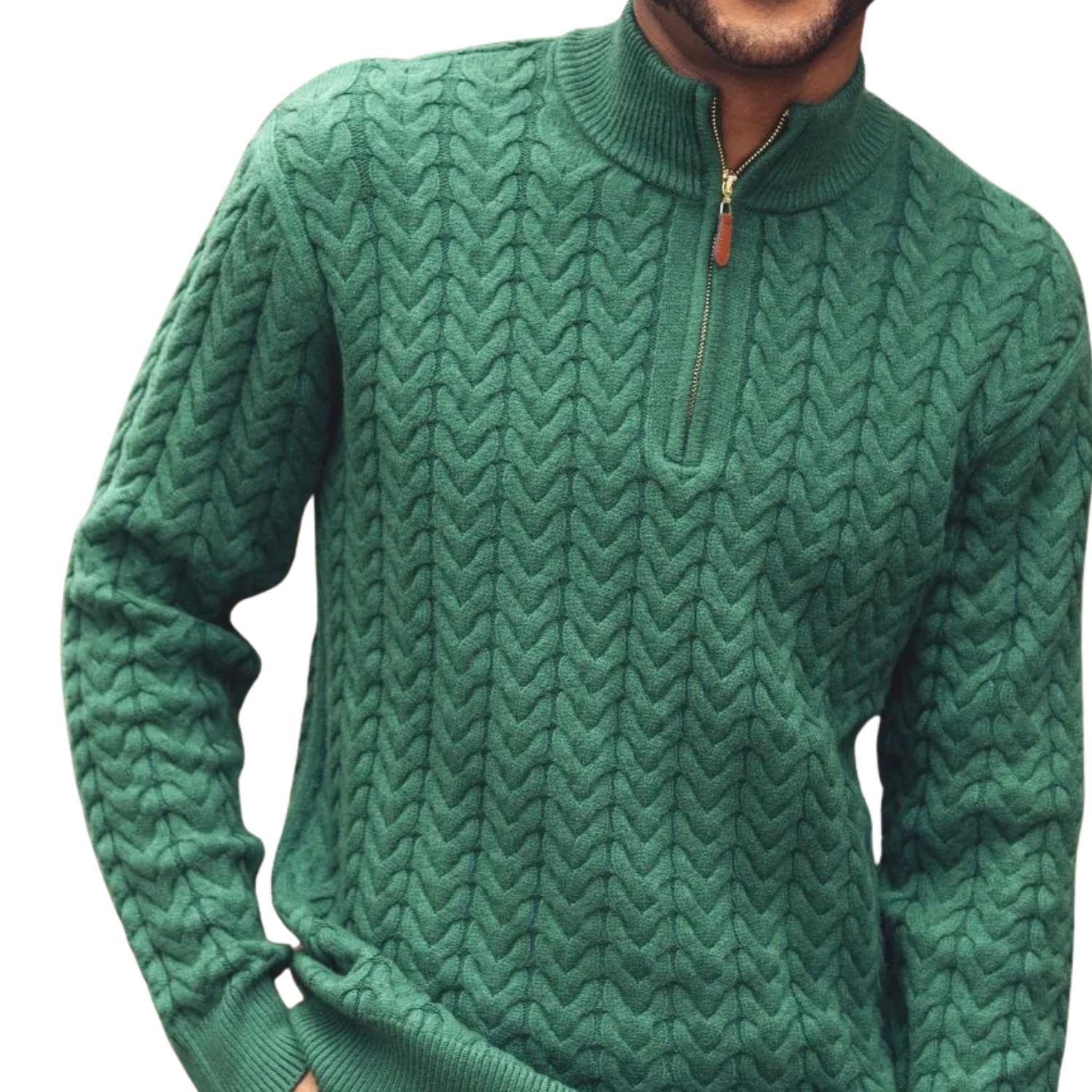 close up of emerald quarter zip cable knit sweater texture