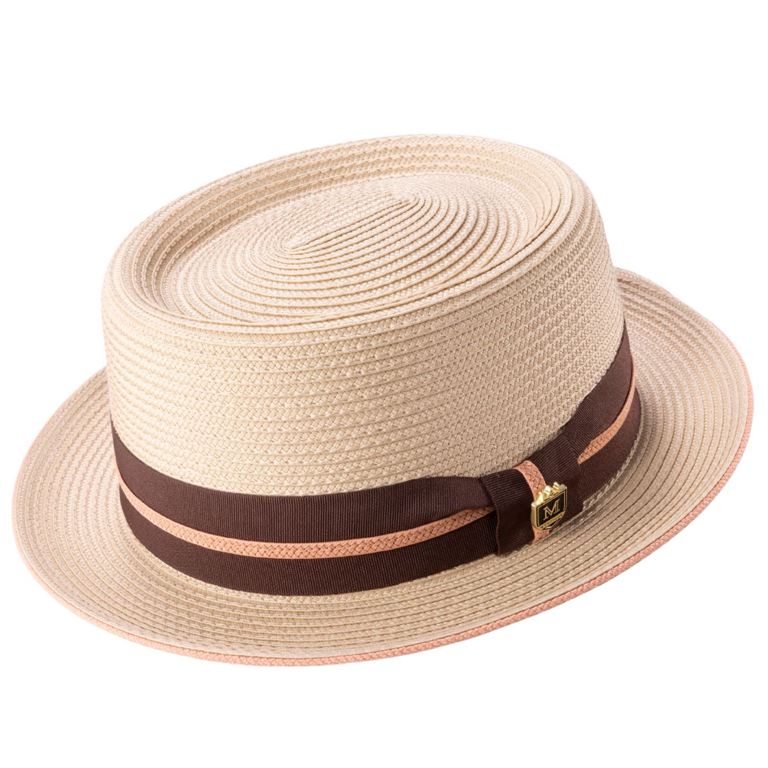 Beige pork pie hat by Montique with brown ribbon