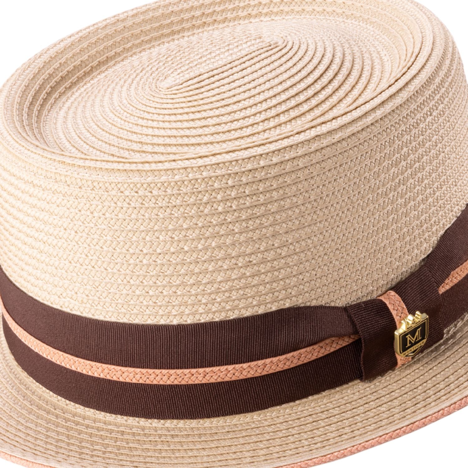 Side view of beige pork pie hat with brown grosgrain ribbon and pink stripe