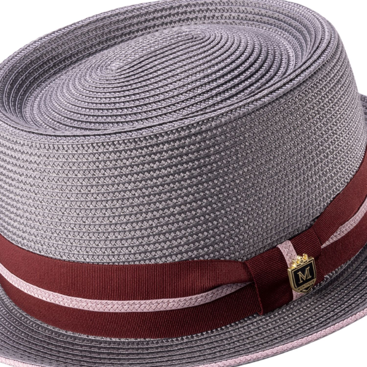 Side view of grey pork pie hat with burgundy grosgrain ribbon and pink stripe