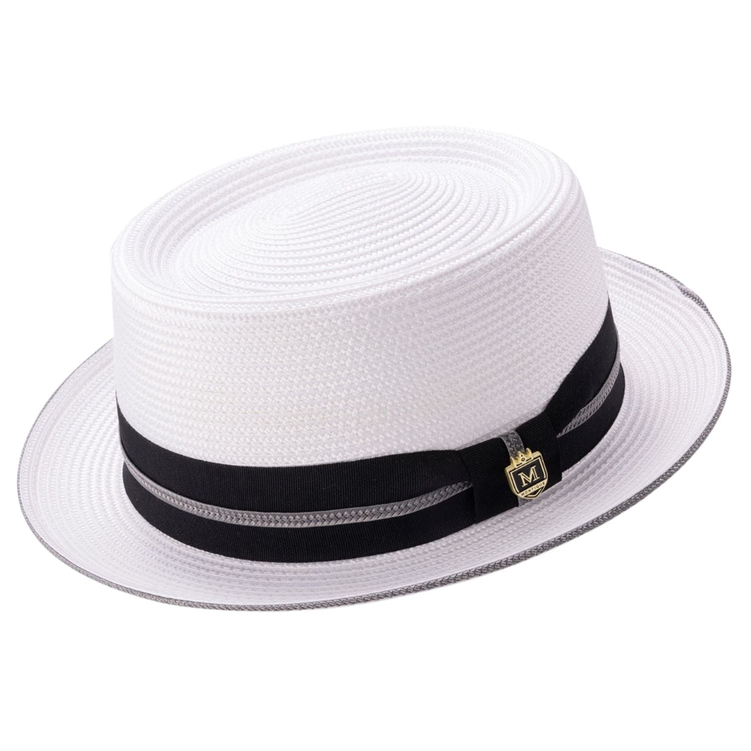 White pork pie hat by Montique with black ribbon