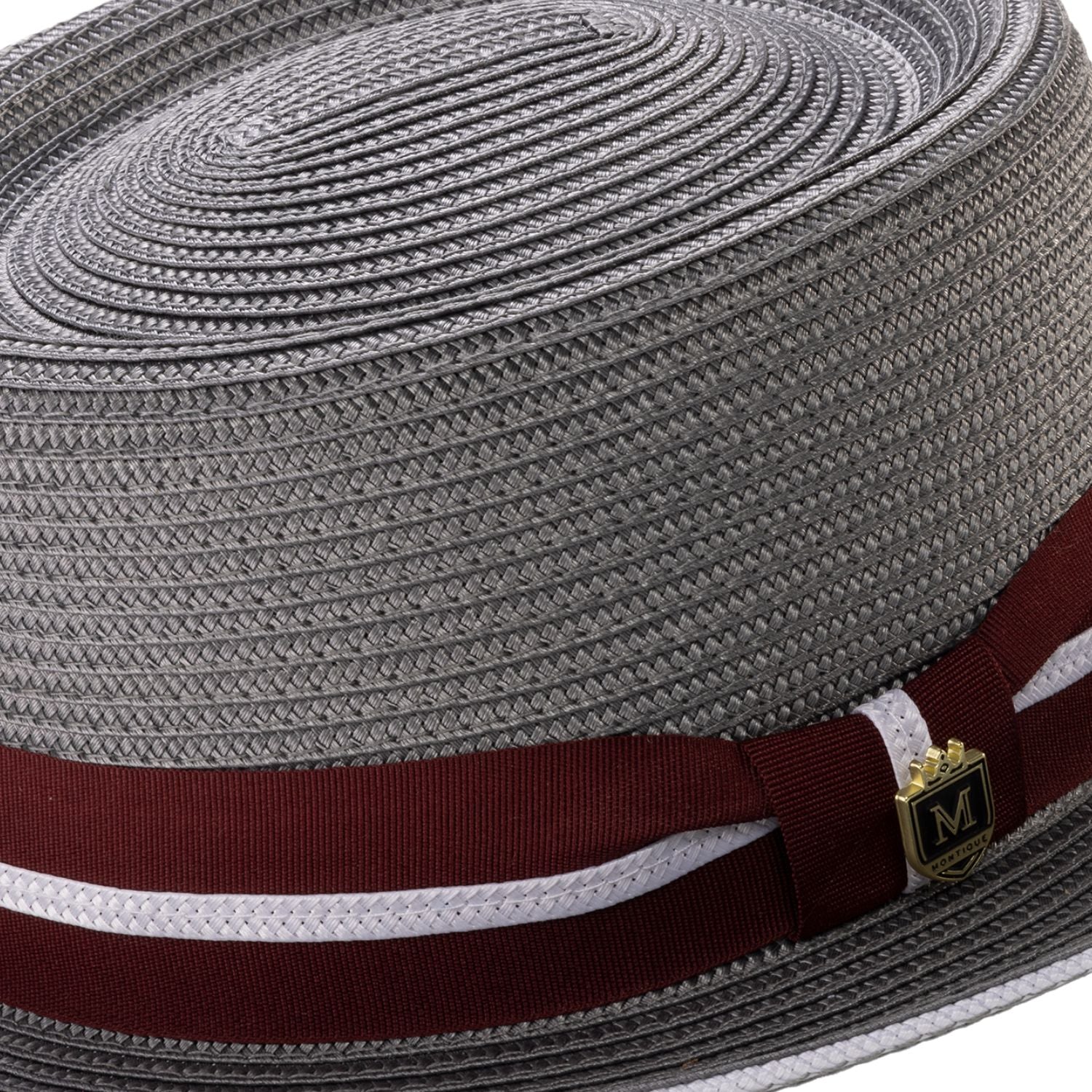Side view of grey pork pie hat with burgundy grosgrain ribbon and pink stripe