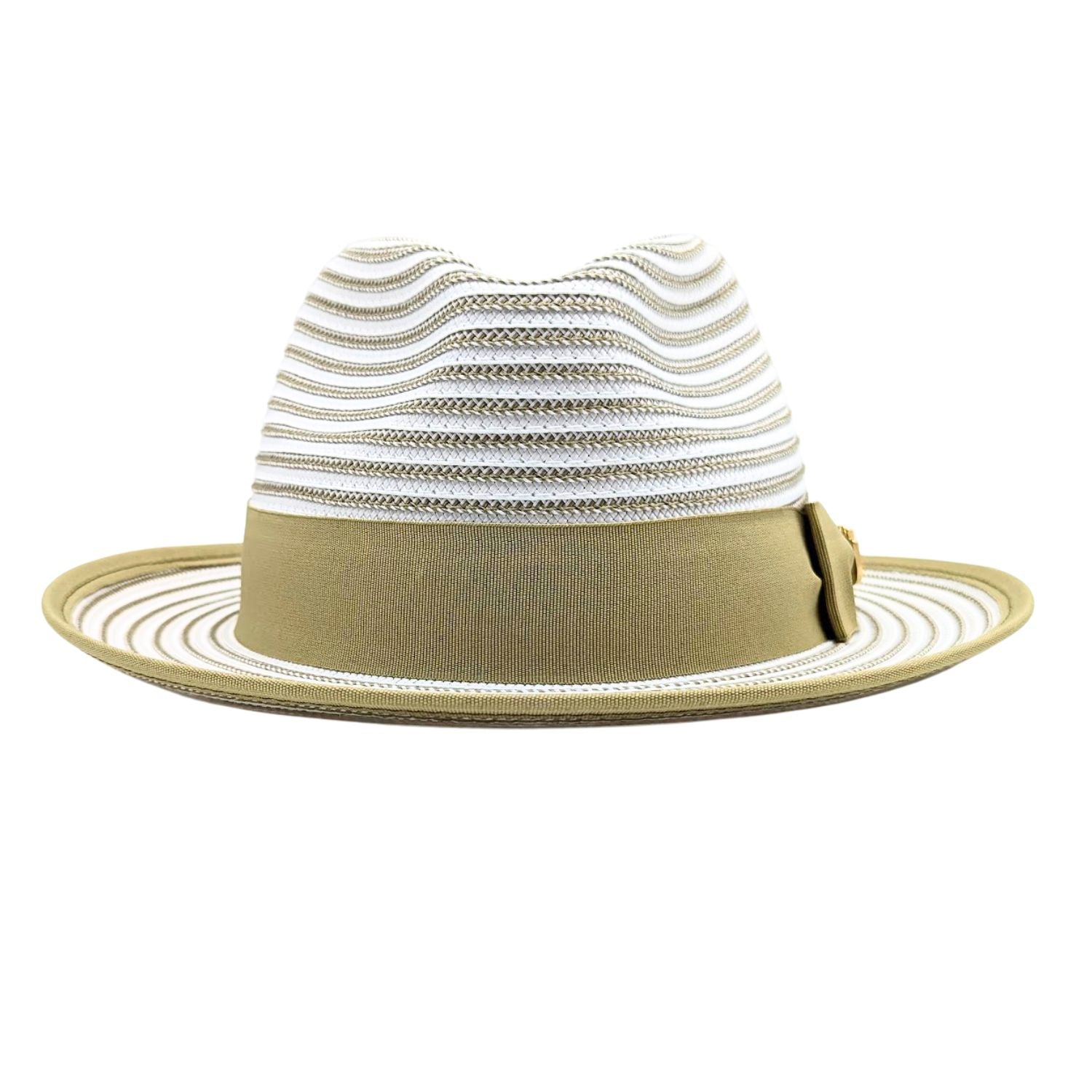 Olive and white Montique fedora front view with striped woven crown, olive band, and matching brim trim