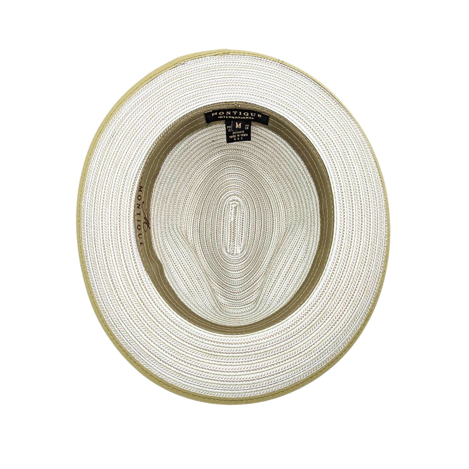 Olive and white Montique fedora interior view with woven crown, olive sweatband, and branded size label