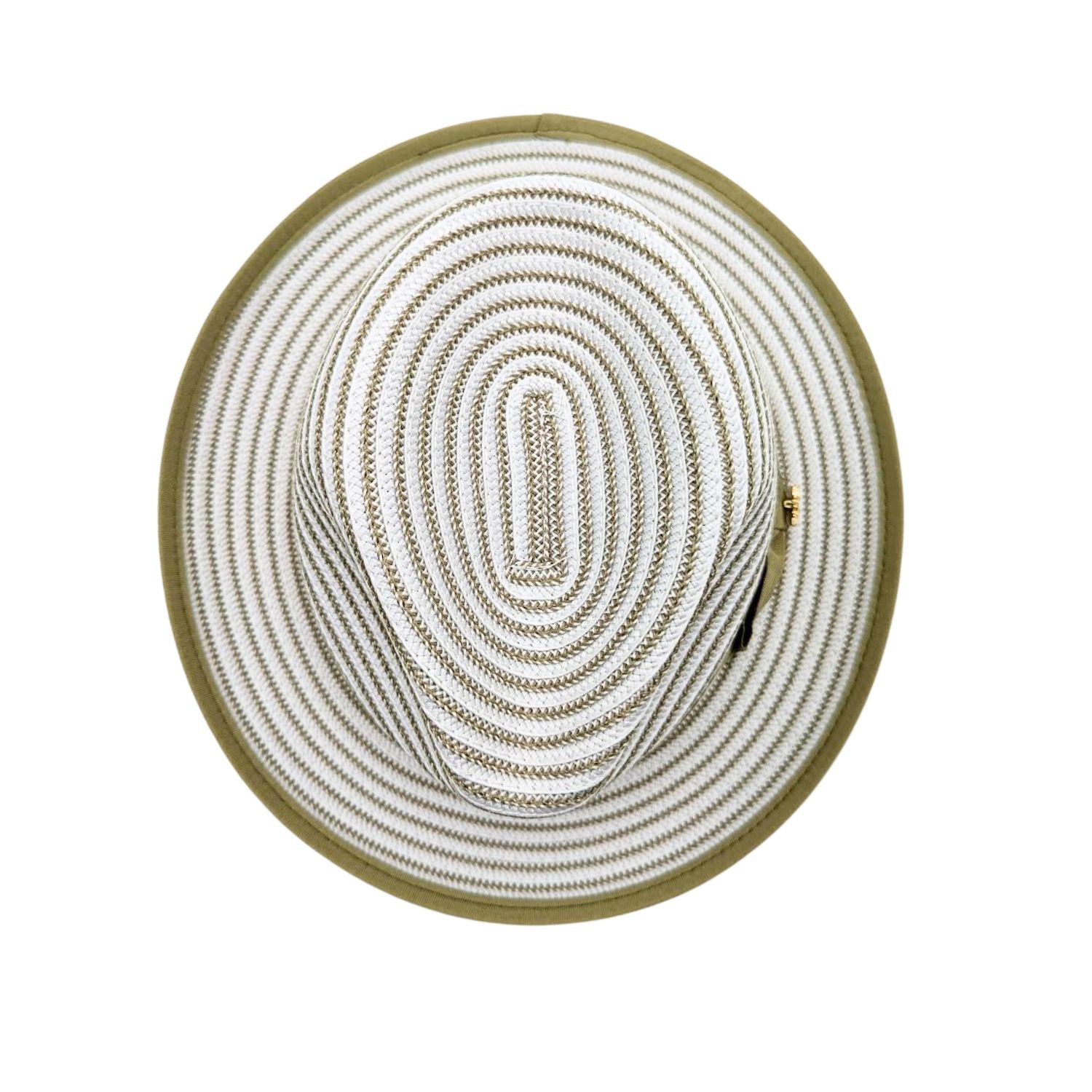 Olive and white Montique fedora top view with striped woven crown, olive brim trim, and gold side pin
