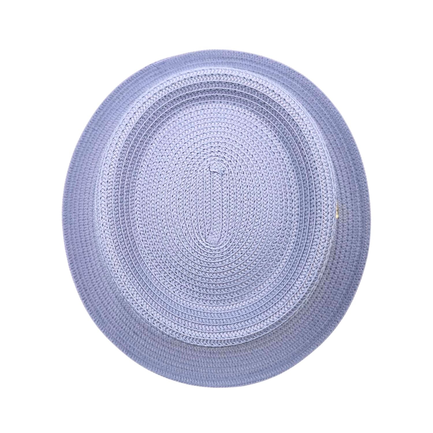 Lilac Montique pork pie hat top view showing flat crown, woven straw texture, and matching brim