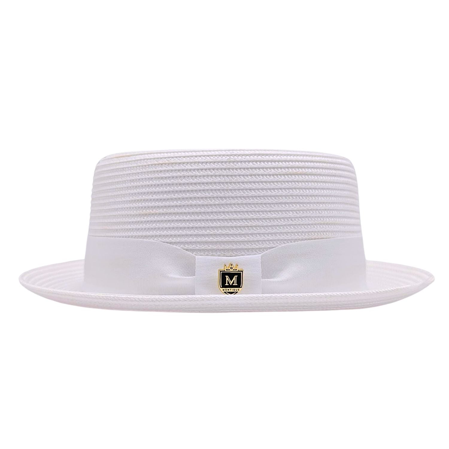 White Montique pork pie hat side view with matching grosgrain band, bow, logo pin, flat crown, and short brim