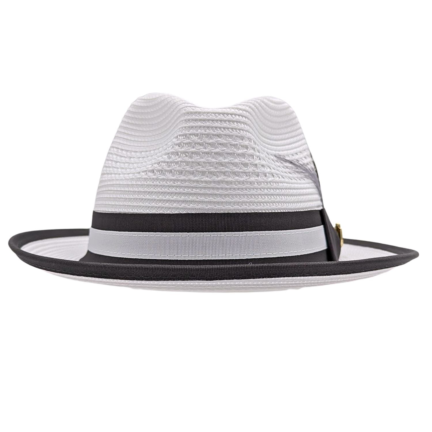 White and grey Montique fedora hat front view with open weave crown, black and grey band detail, and black brim trim