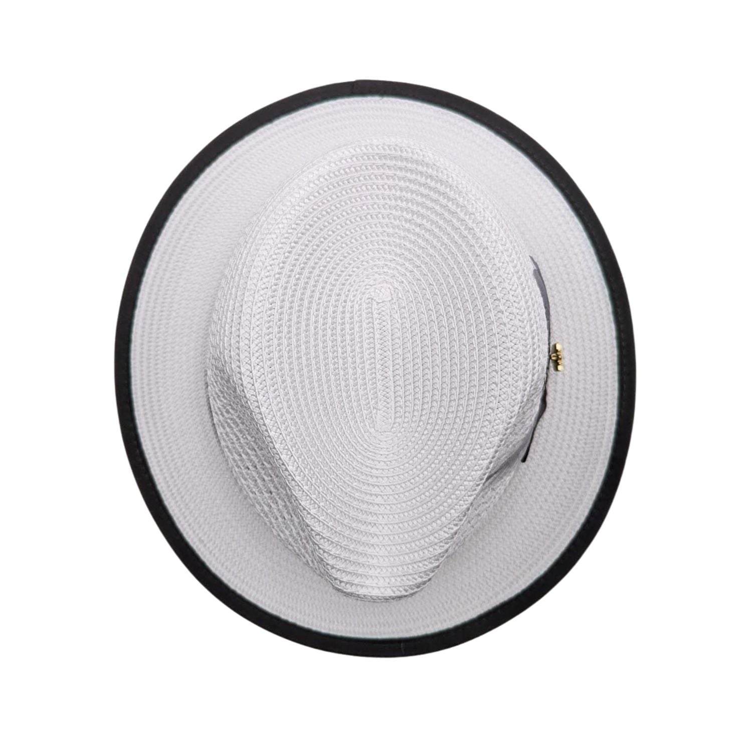 White and grey Montique fedora hat top view showing white woven crown, black brim edge, side feather detail, and structured brim
