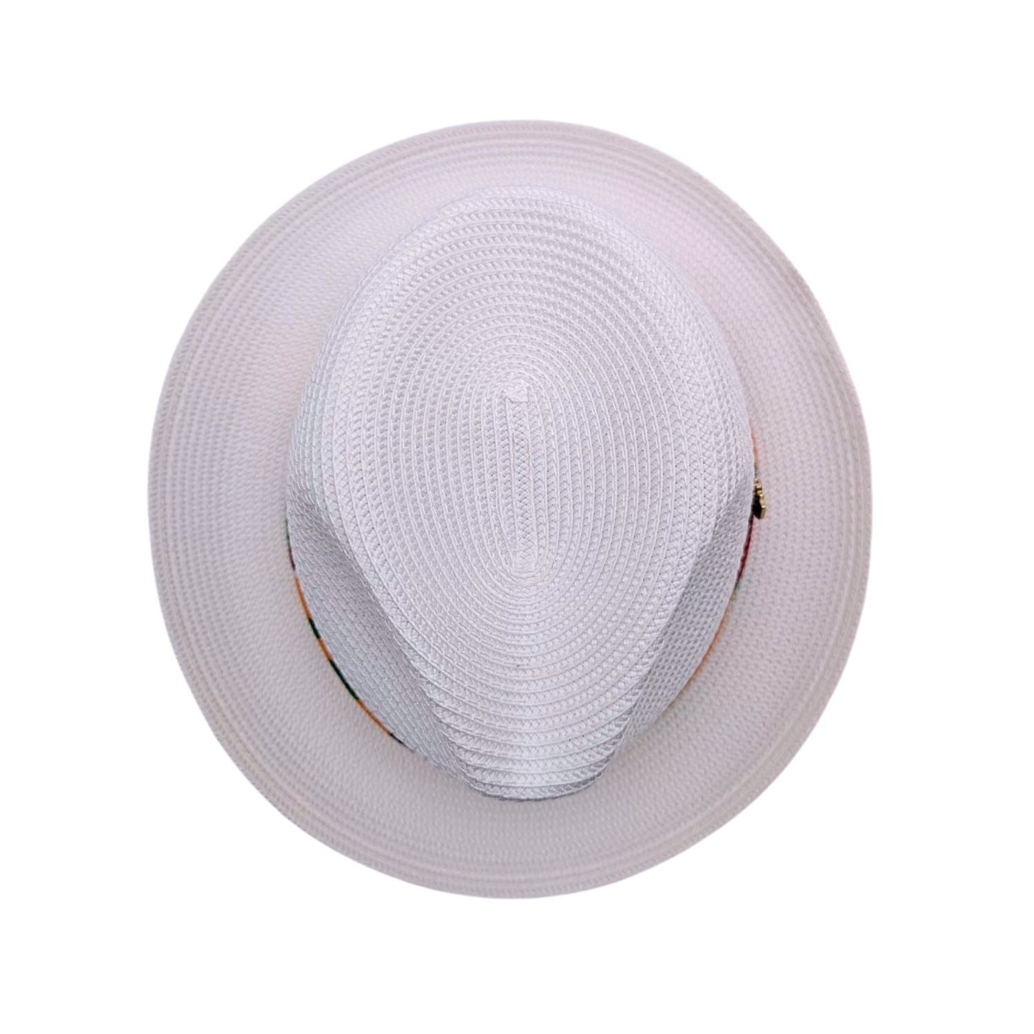 Top view of white men’s fedora hat showing woven crown texture, wide brim, and colorful patterned band detail