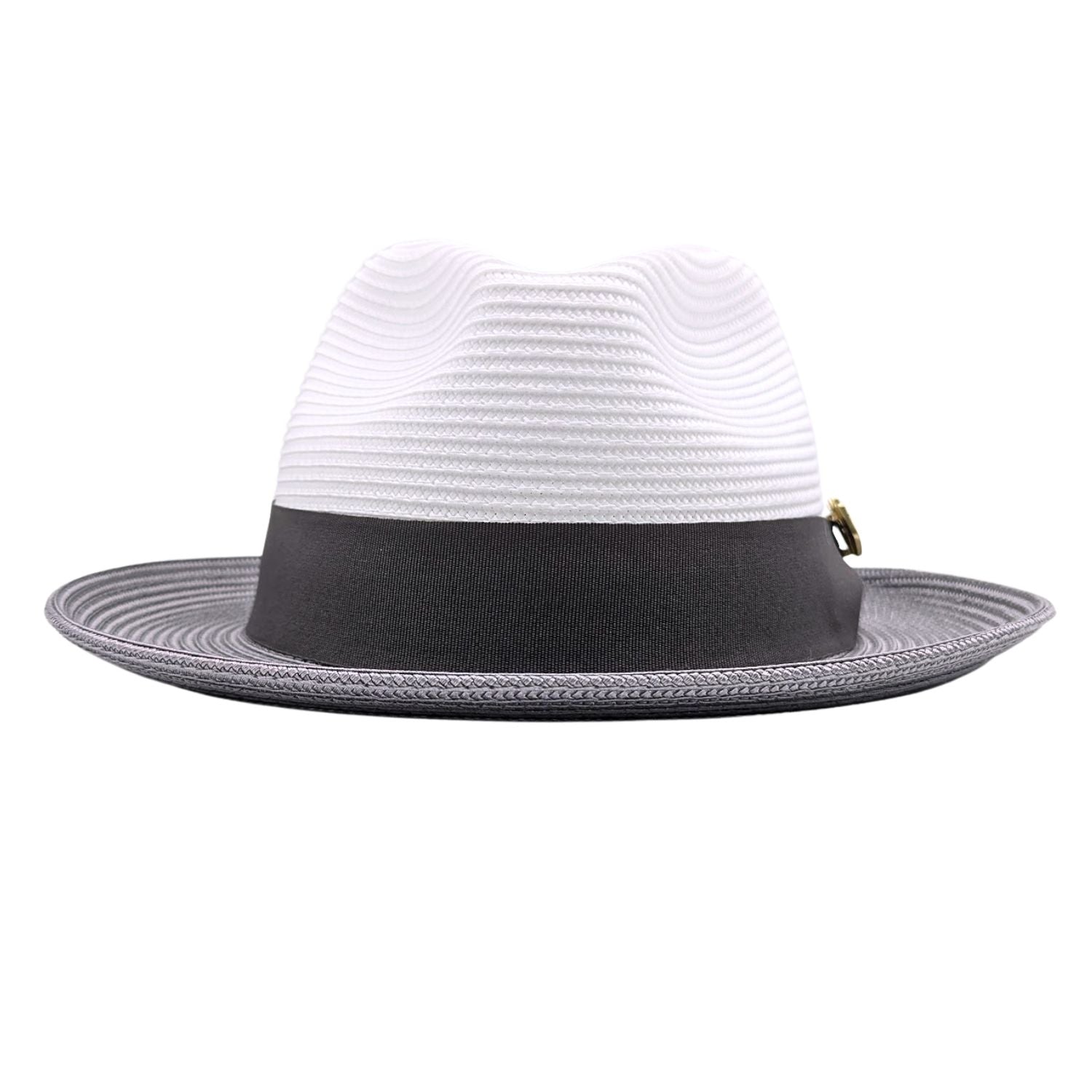 Front view of white and grey men’s fedora hat with grey band, side bow, and Montique pin