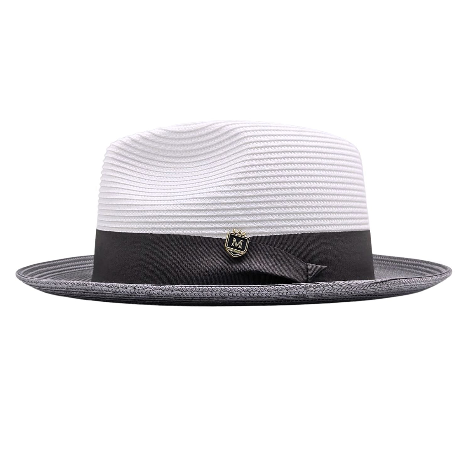 side view of white and grey men’s fedora hat with woven crown, grey brim, and solid grey band