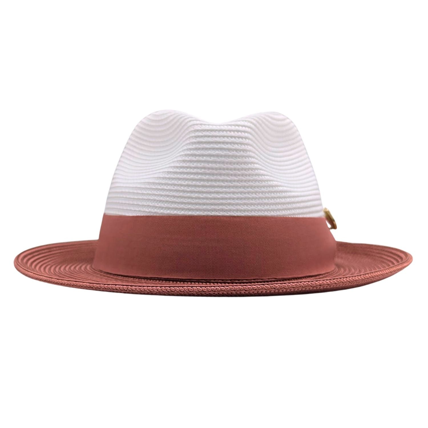 Front view of white and cognac men’s fedora hat with cognac band, side bow, and Montique badge