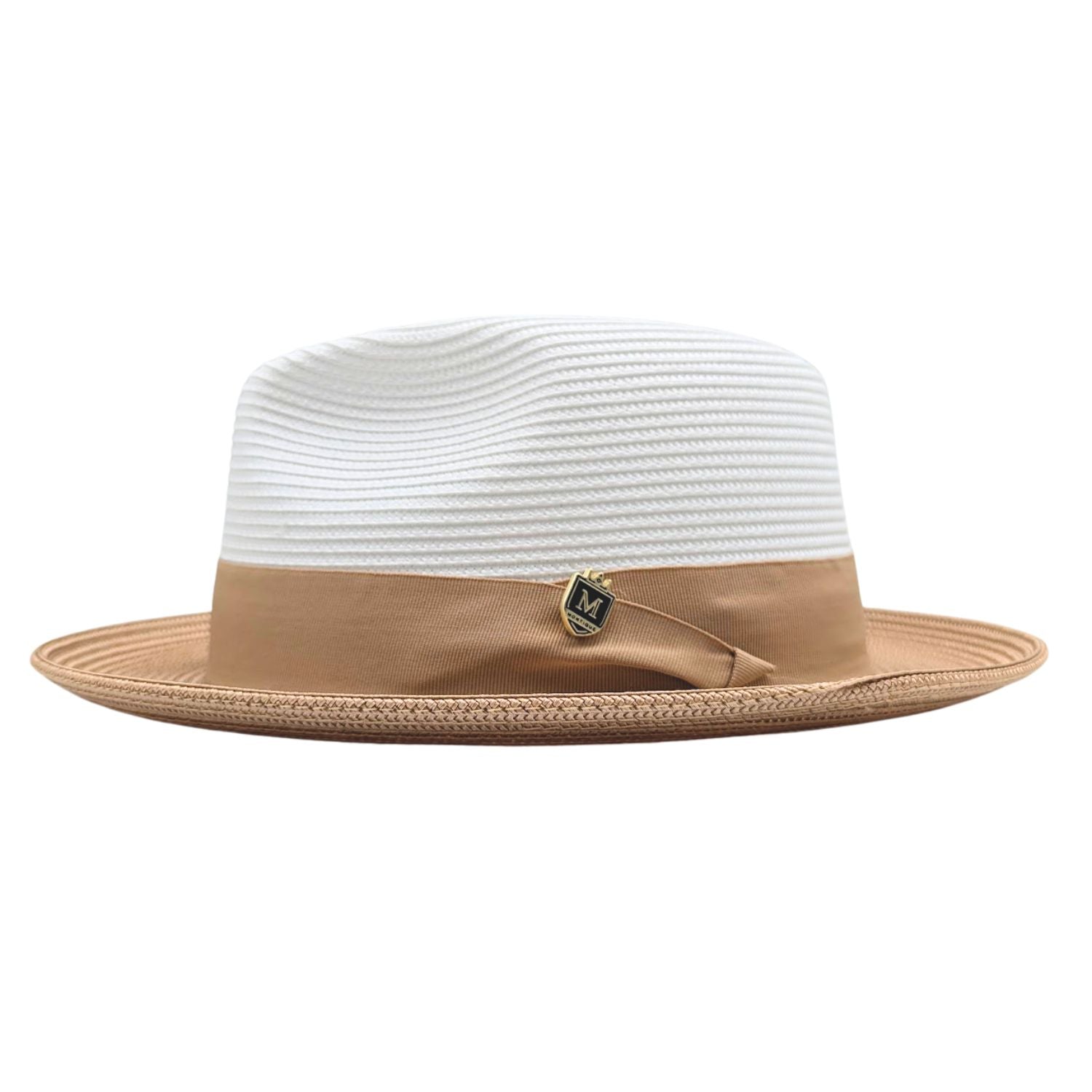 Camel and white Montique fedora hat side view with camel ribbon band, side bow, Montique pin, and wide brim
