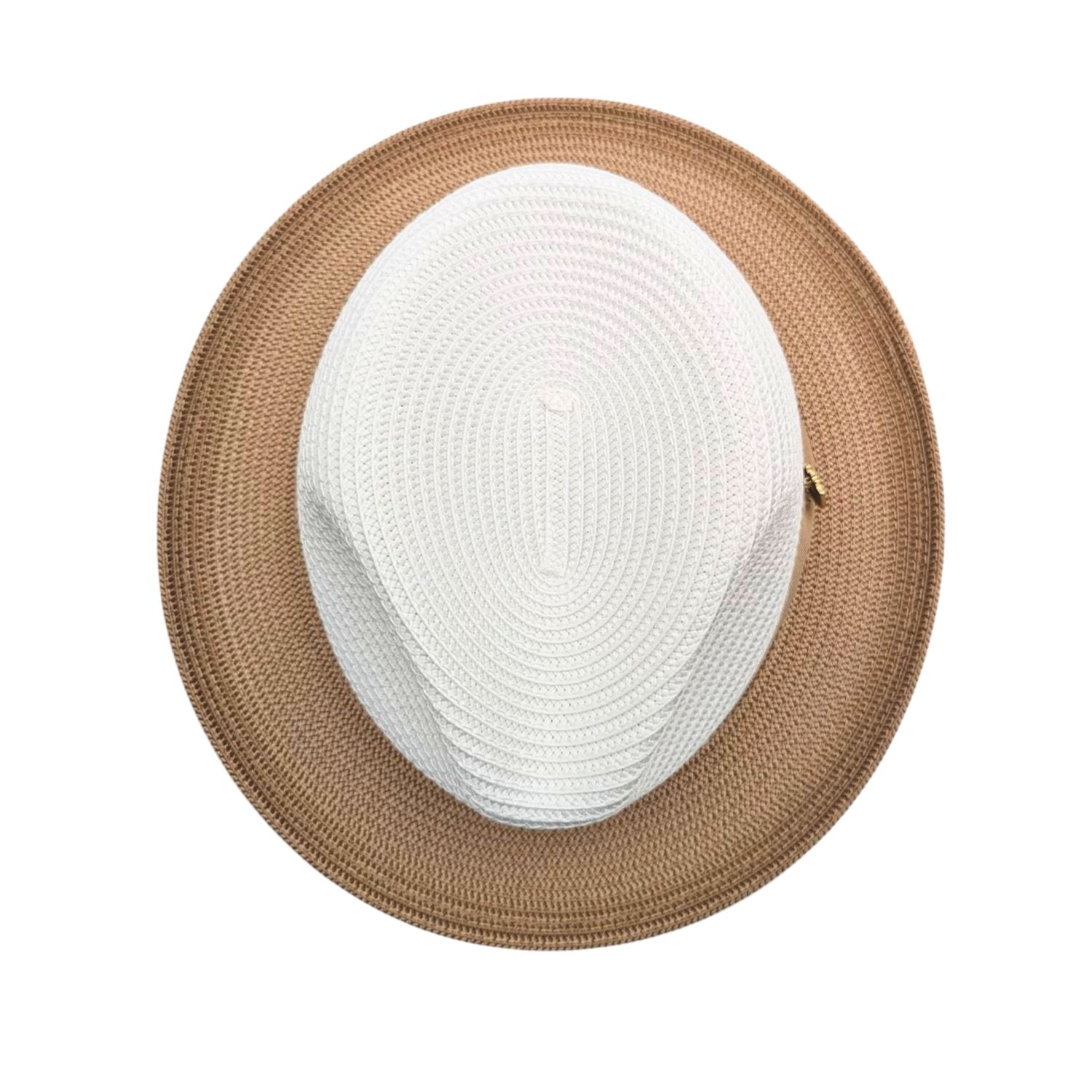 Camel and white Montique fedora hat top view showing white woven crown, camel brim, and structured straw-style texture