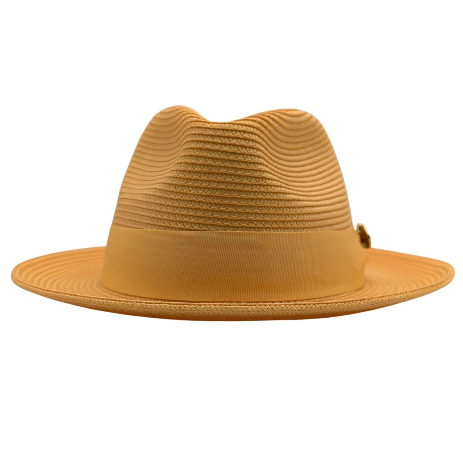 Gold Montique fedora hat front view with matching ribbon band, braided crown, and wide brim
