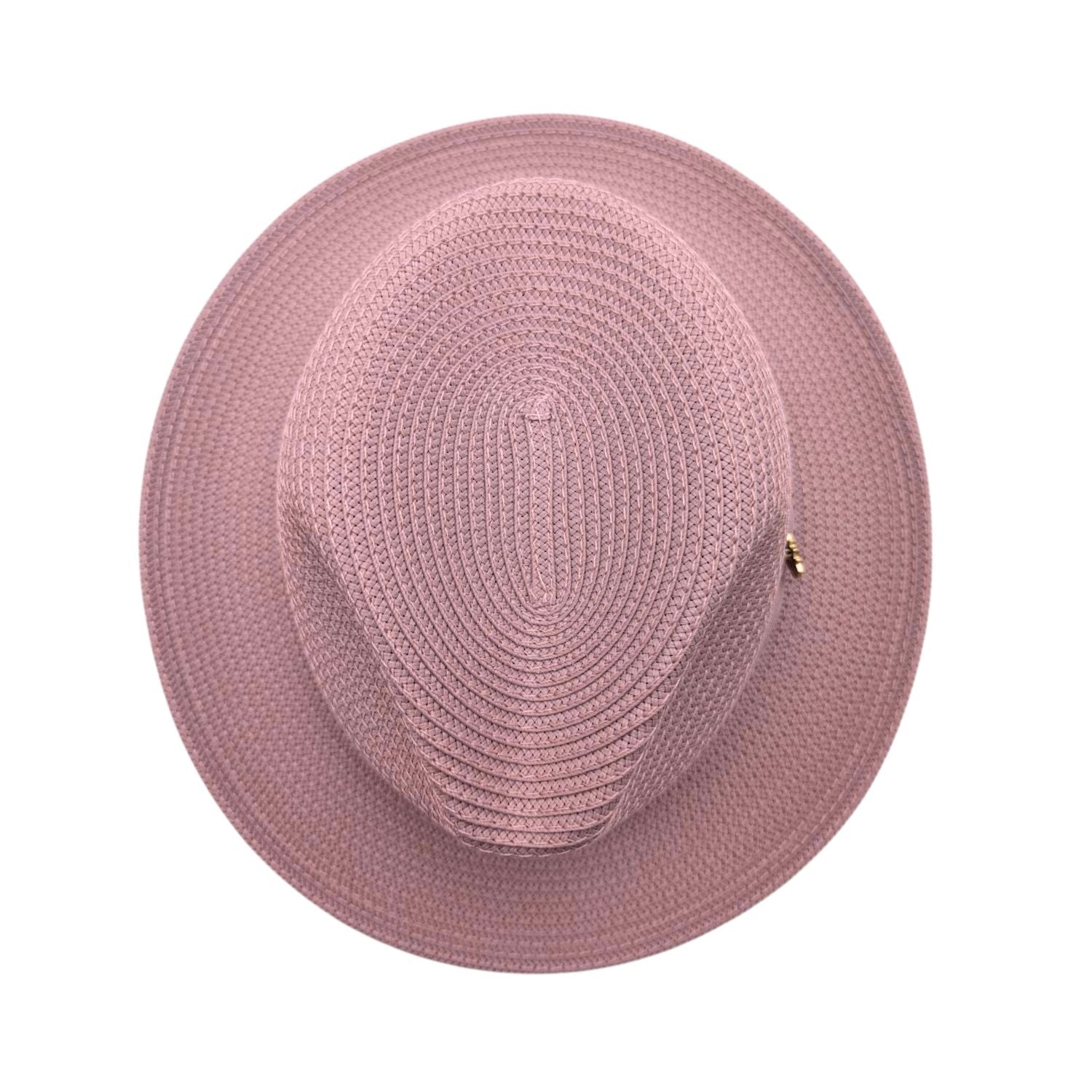 Blush Montique fedora hat top view with braided straw-style texture, pinch crown, and matching brim