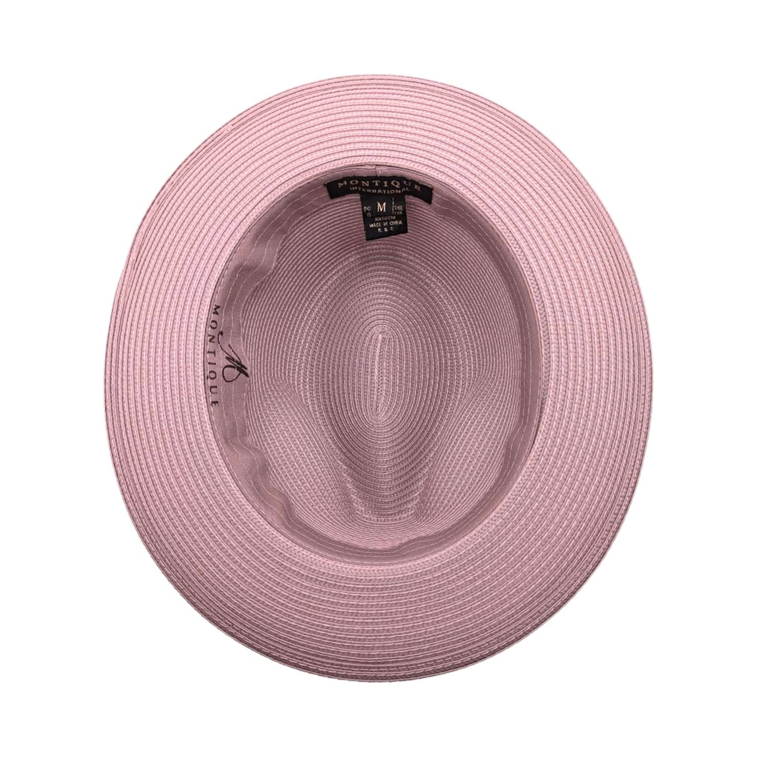 Blush Montique fedora hat interior view with braided crown, matching brim, and branded inner label