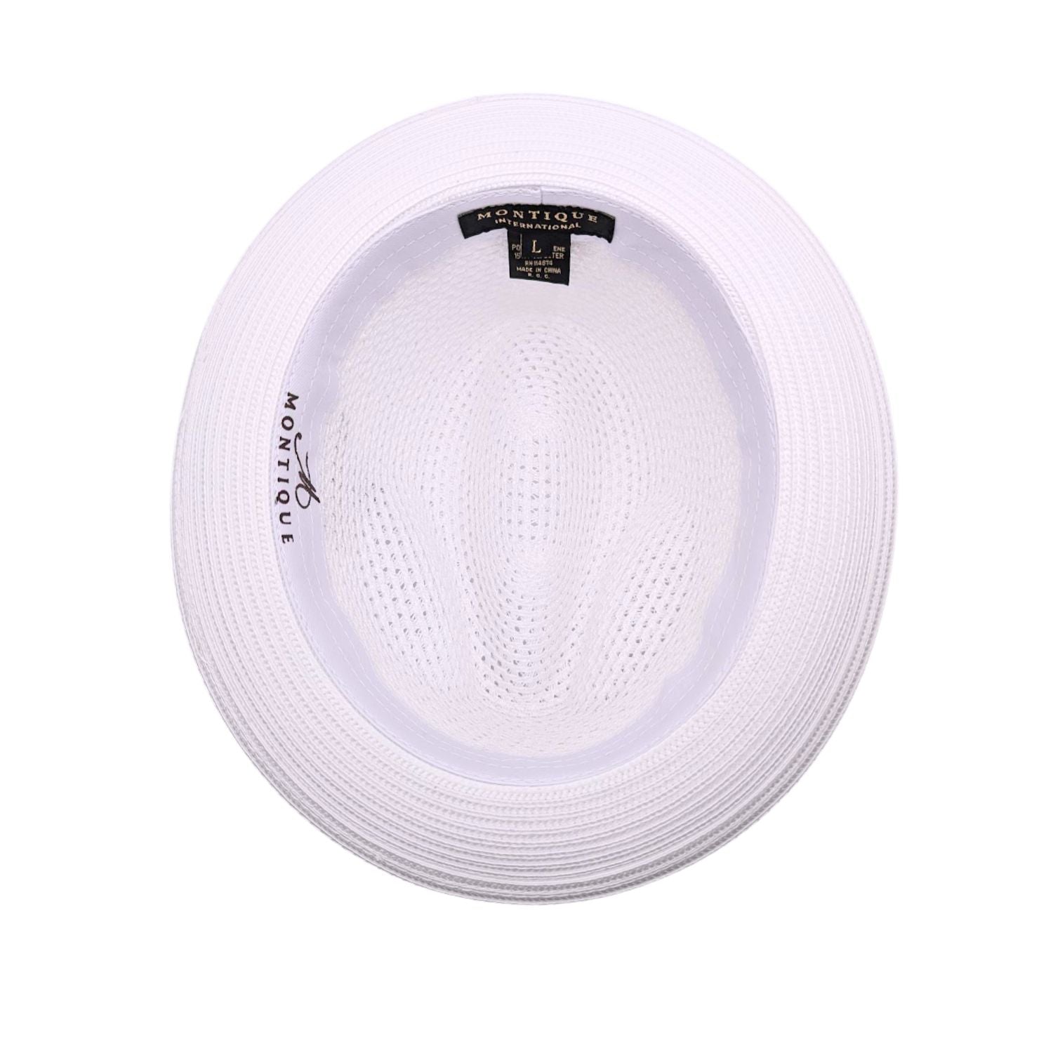 White Montique fedora hat interior view with open weave crown, white sweatband, and branded label