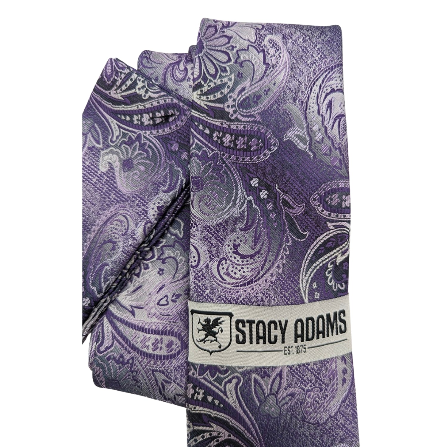 Close-up of Stacy Adams purple paisley tie and pocket square set