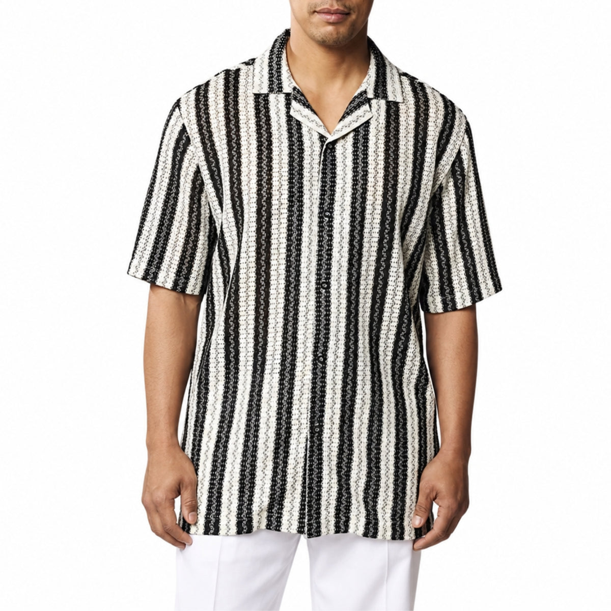 men’s black vertical wave knit short sleeve shirt by Stacy Adams front view