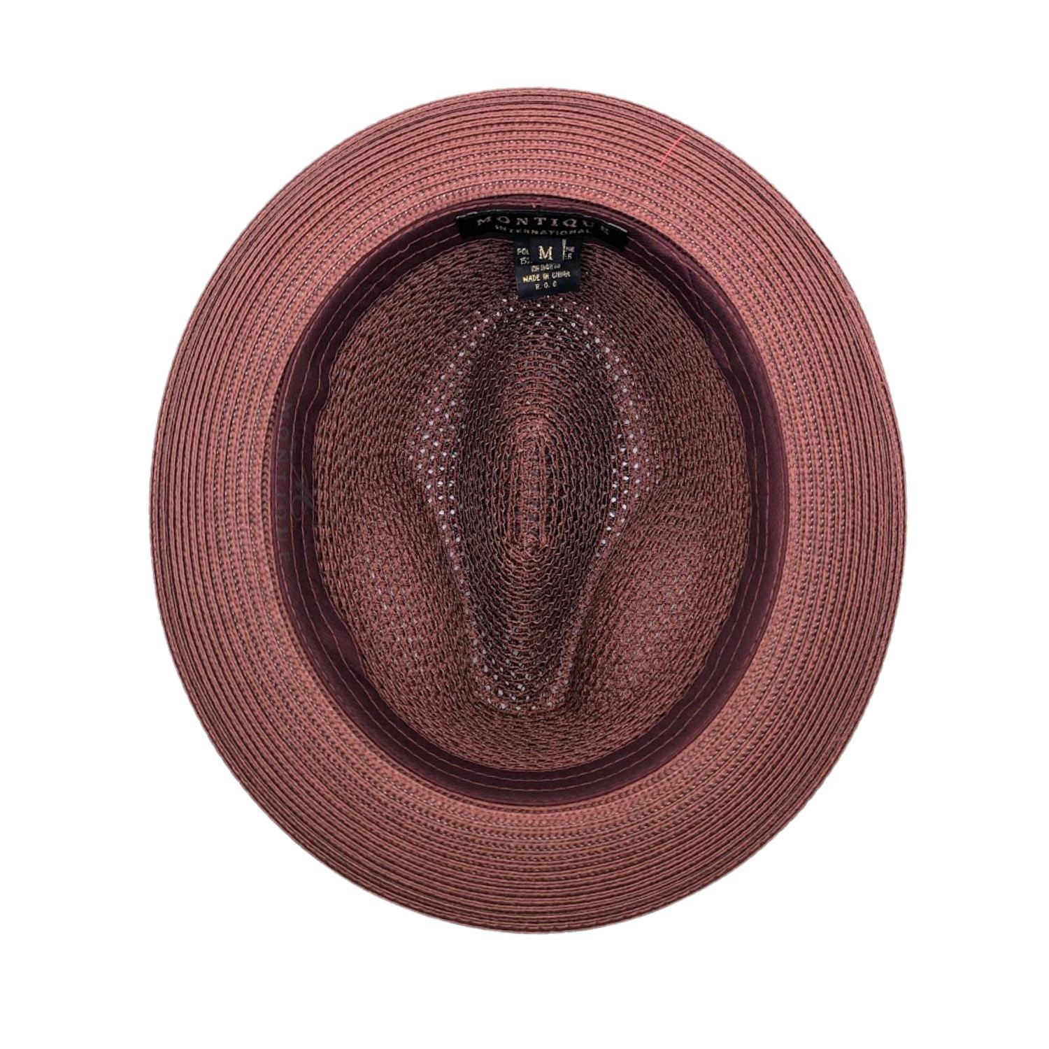 burgundy Montique fedora hat interior view with open weave crown, white sweatband, and branded label