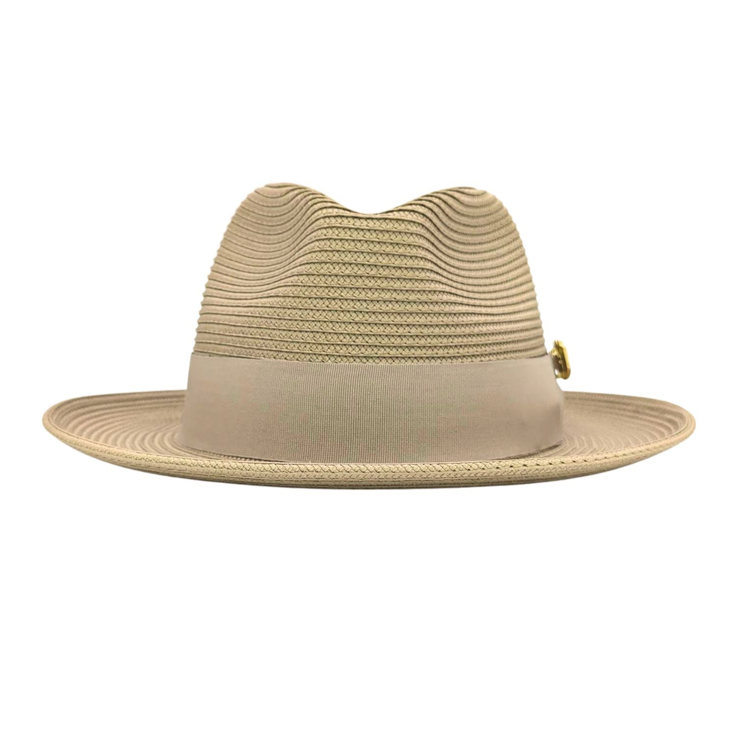 Montique khaki straw fedora hat front view with matching ribbon band, gold logo pin, woven crown, and wide brim