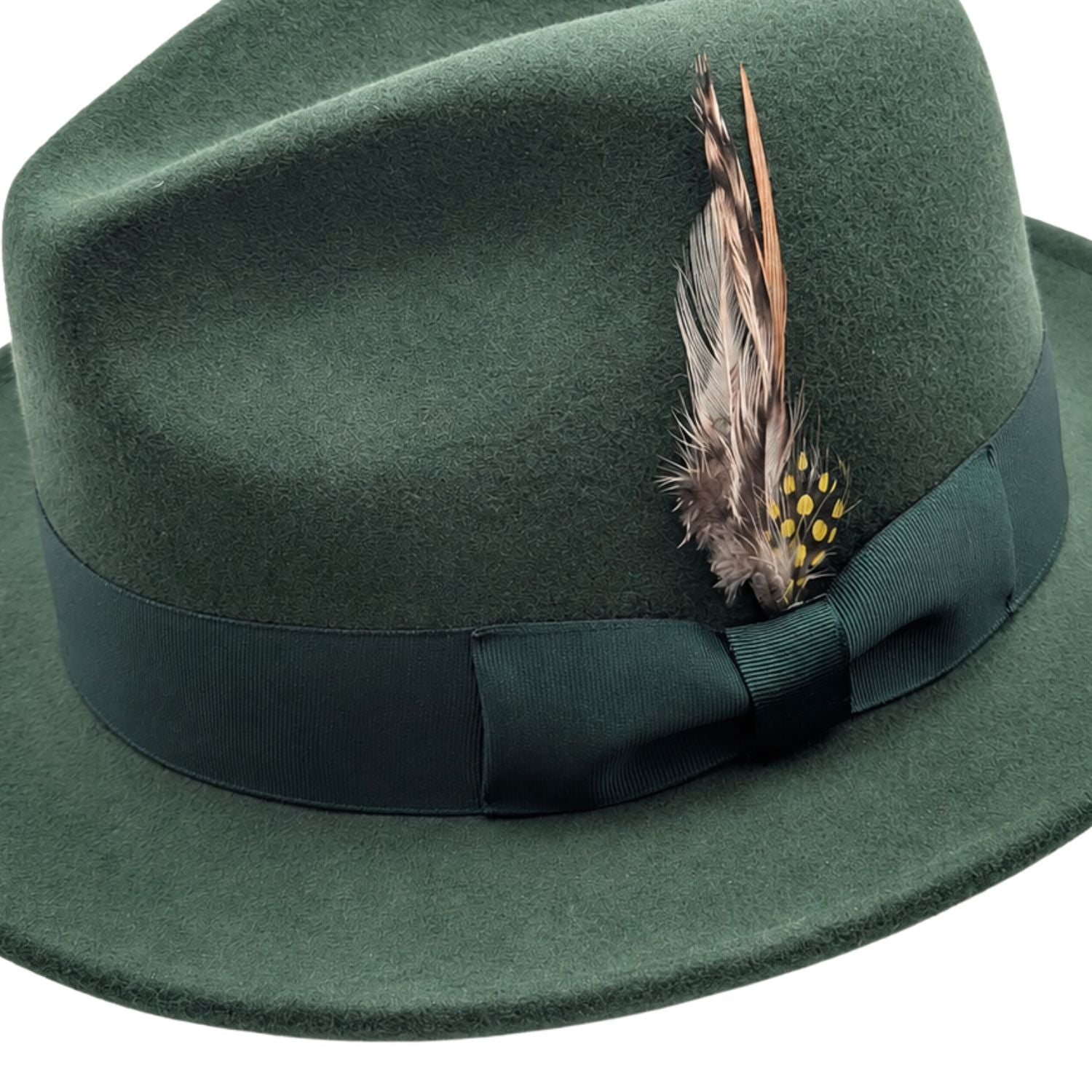Close up of hunter green wool felt fedora hat with matching ribbon band, bow, and feather accent