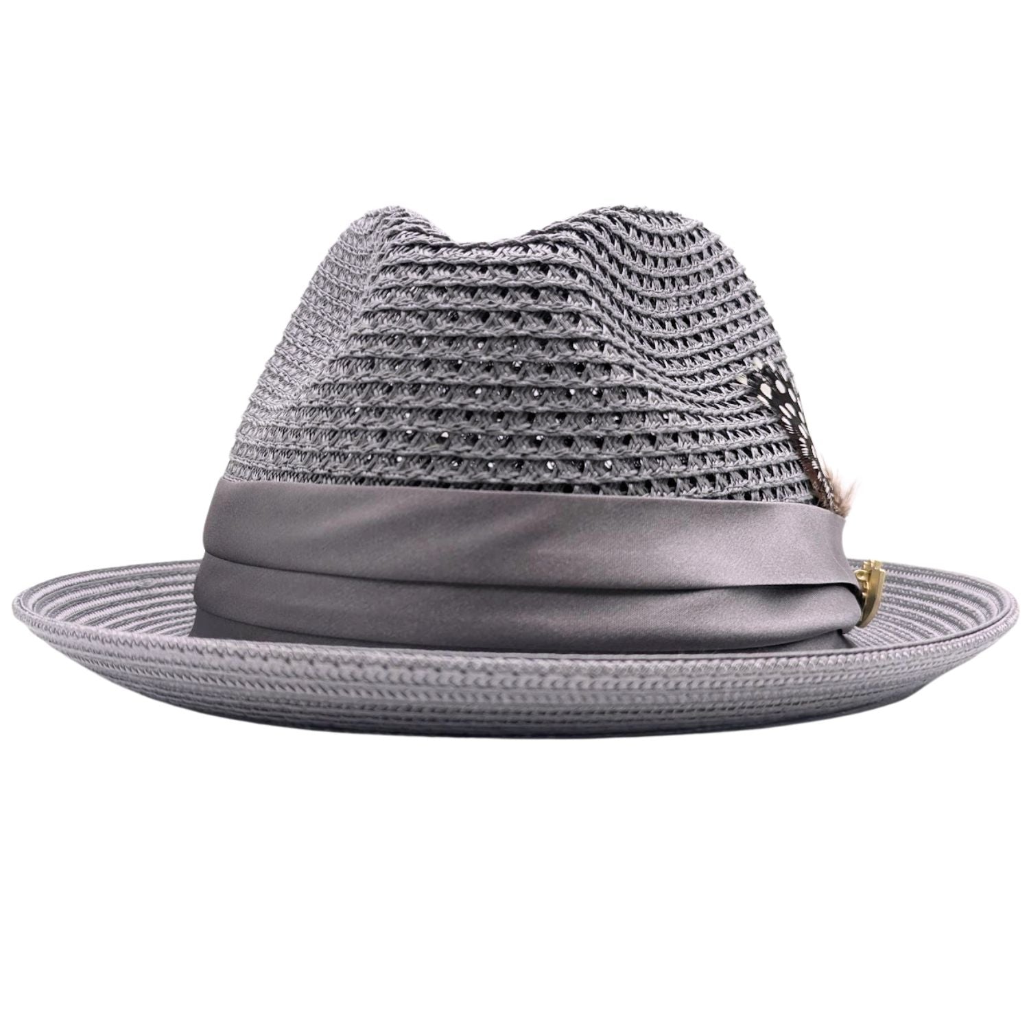 Grey Montique fedora hat front view with feather accent, satin ribbon band, logo pin, and open weave crown