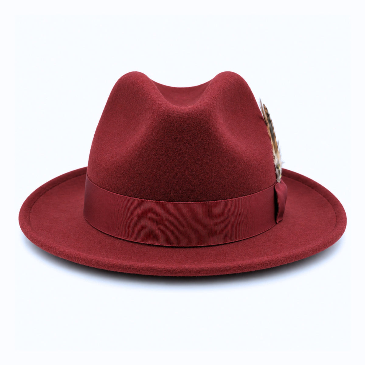 burgundy Lightfelt 2 1/2 inch wide brim pinch crown fedora hat by Montique front view with grosgrain bow and feather accent