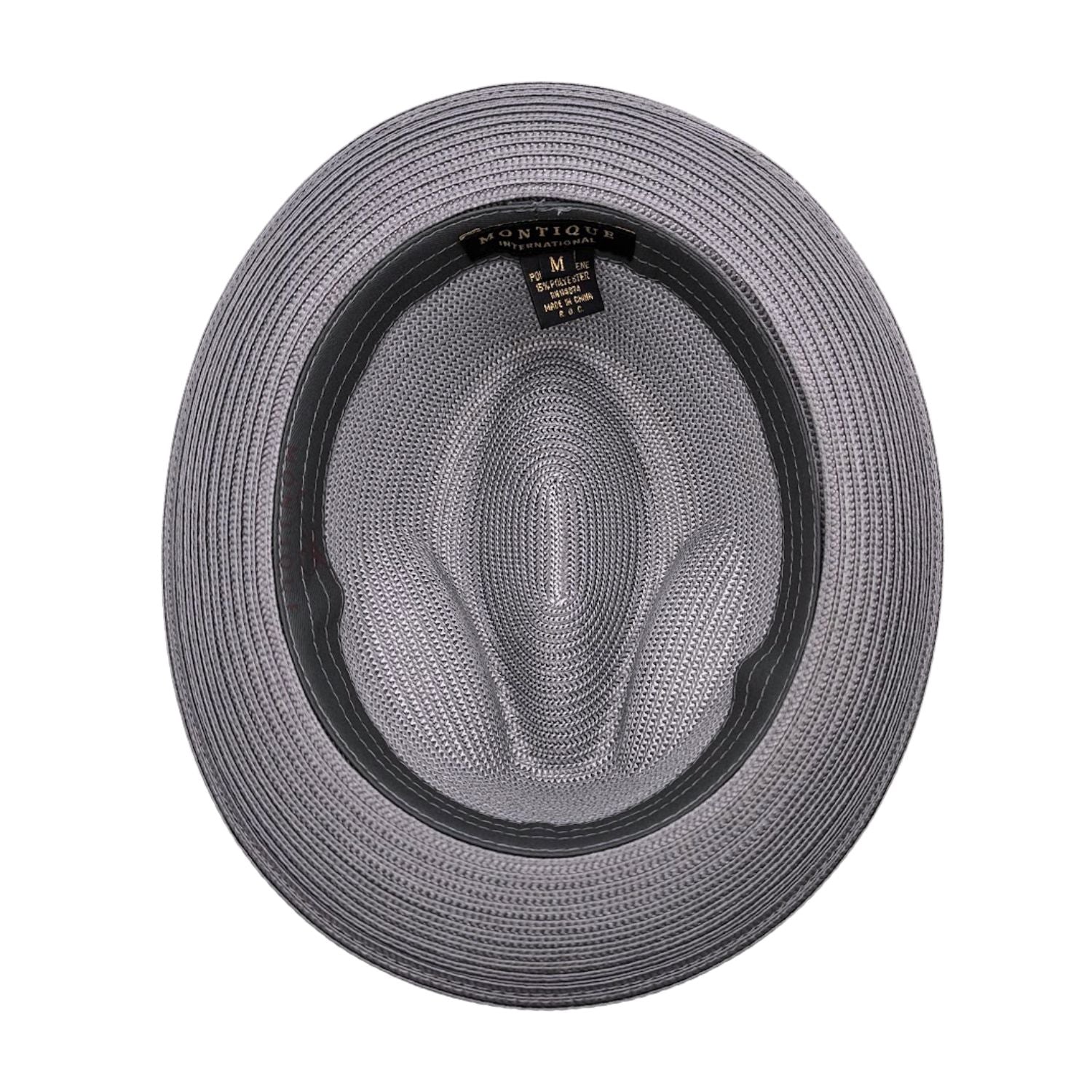Grey Montique fedora hat interior view with woven crown, grey brim, black sweatband, and branded size label