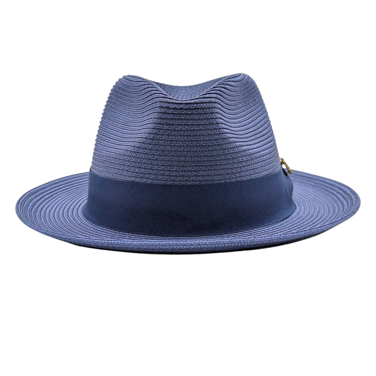 Montique navy straw fedora hat front view with pinch crown
