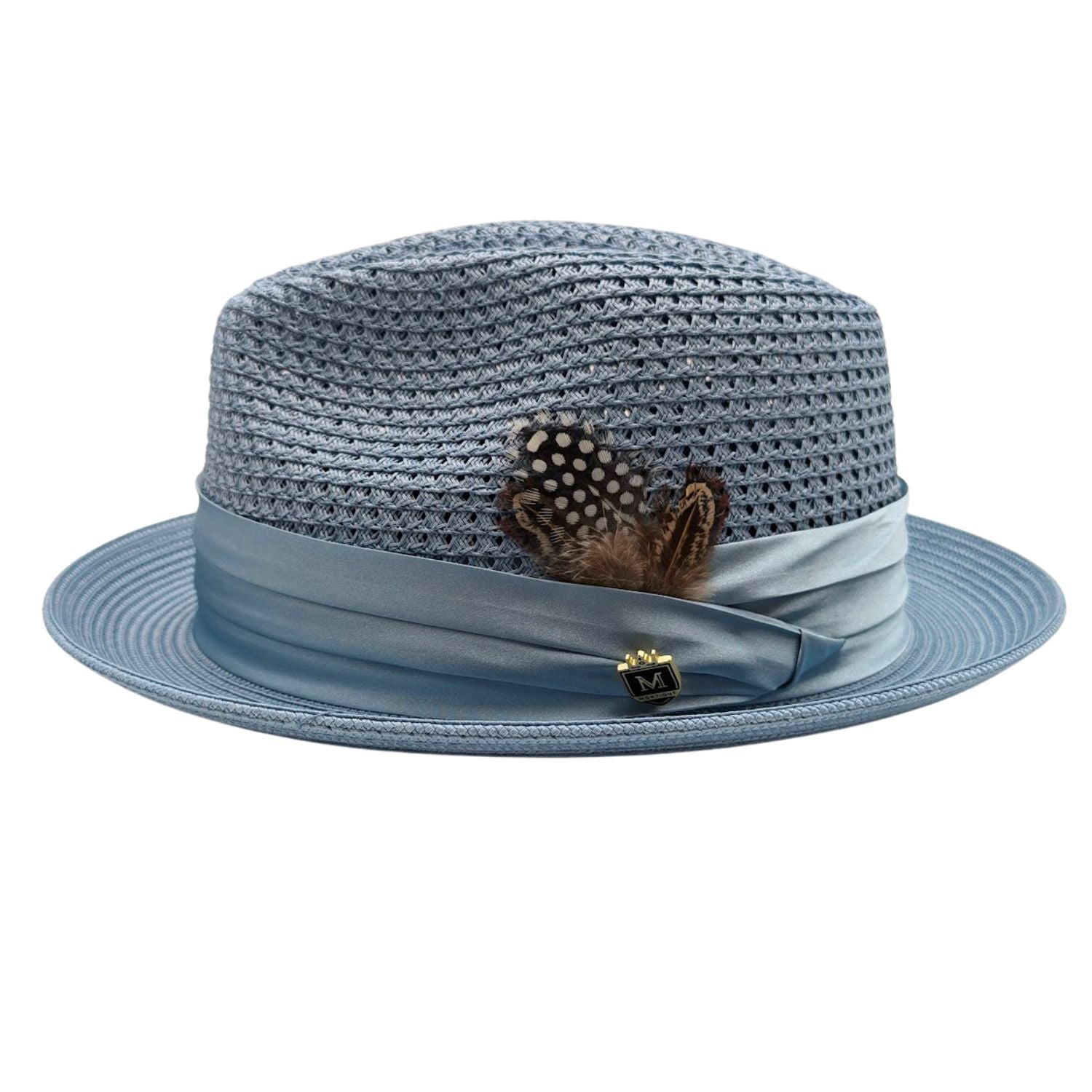 Montique Carolina straw fedora hat side view with satin ribbon band