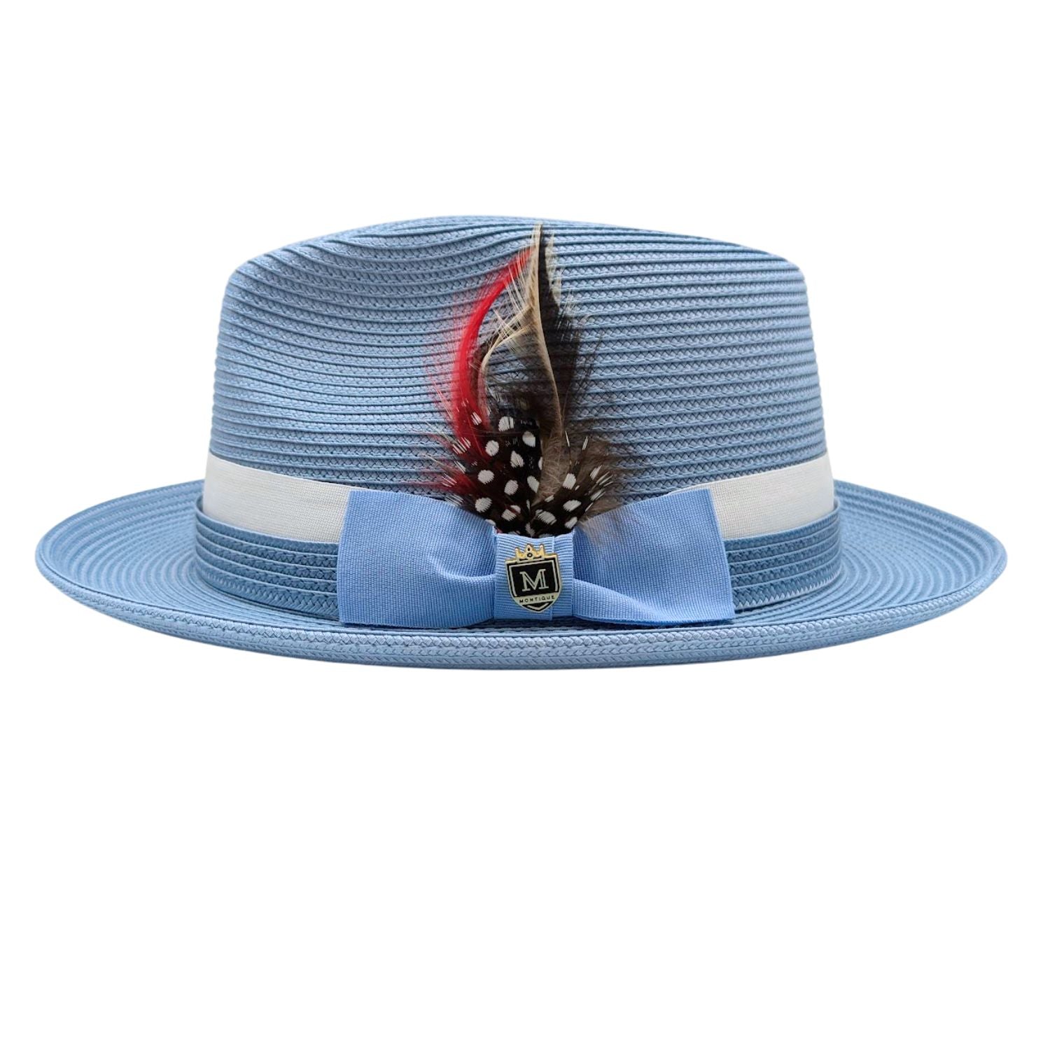 Montique Carolina blue straw fedora hat side view with white ribbon band, structured crown, wide brim, and feather detail