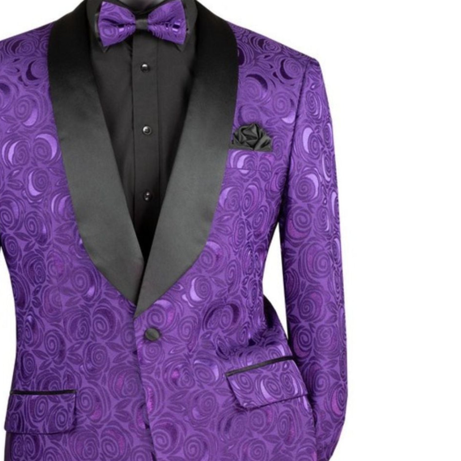 Close-up detail of purple floral jacquard fabric and satin shawl lapel