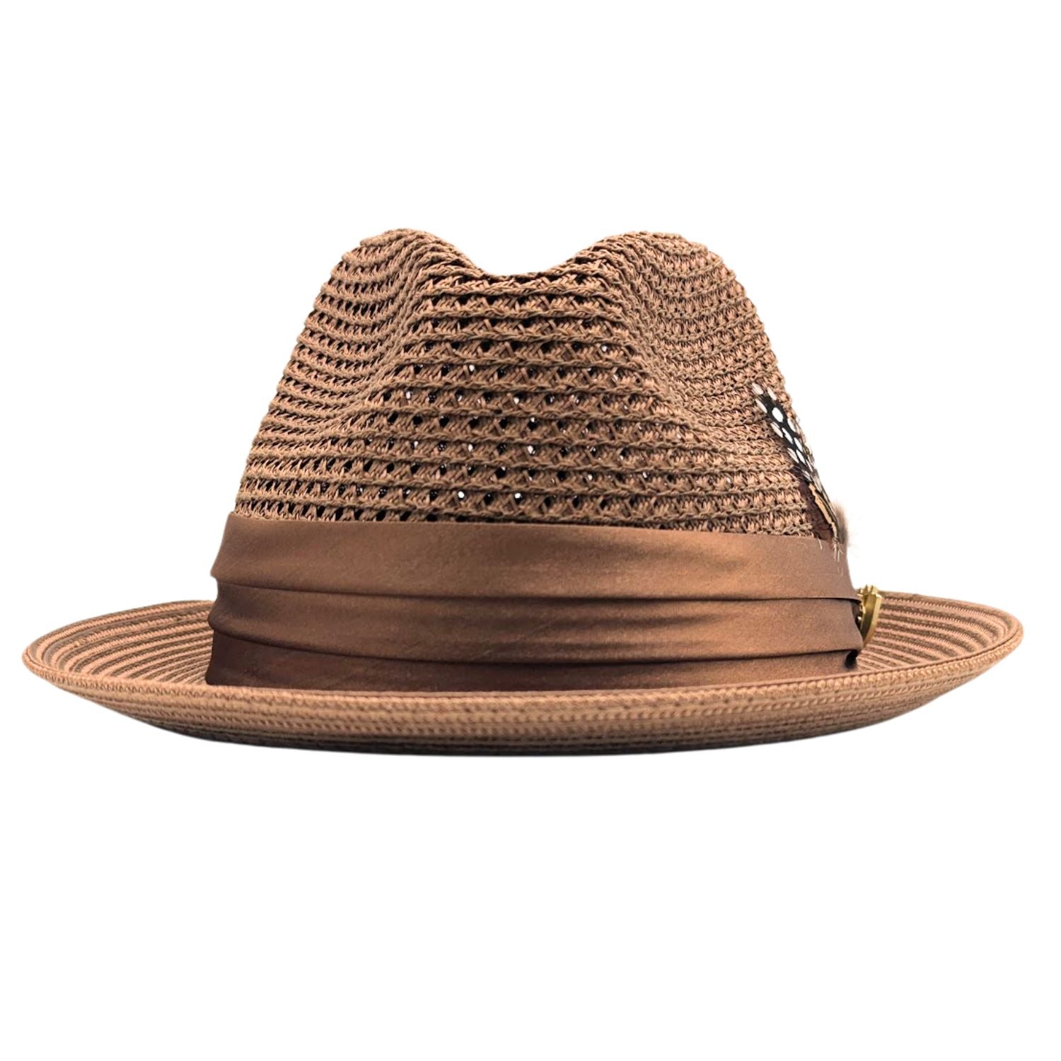 Cappuccino Montique fedora hat front view with feather accent, satin ribbon band, logo pin, and open weave crown