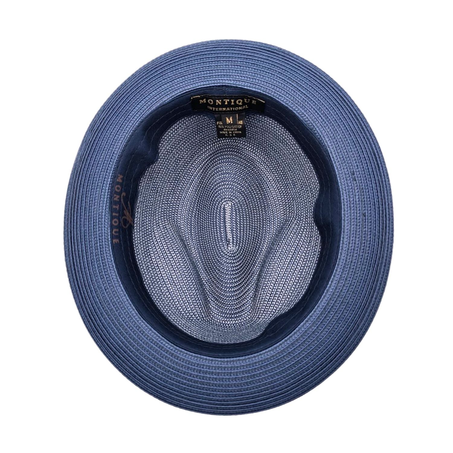 Navy Montique fedora hat interior view with woven crown, navy sweatband, wide brim, and branded size label