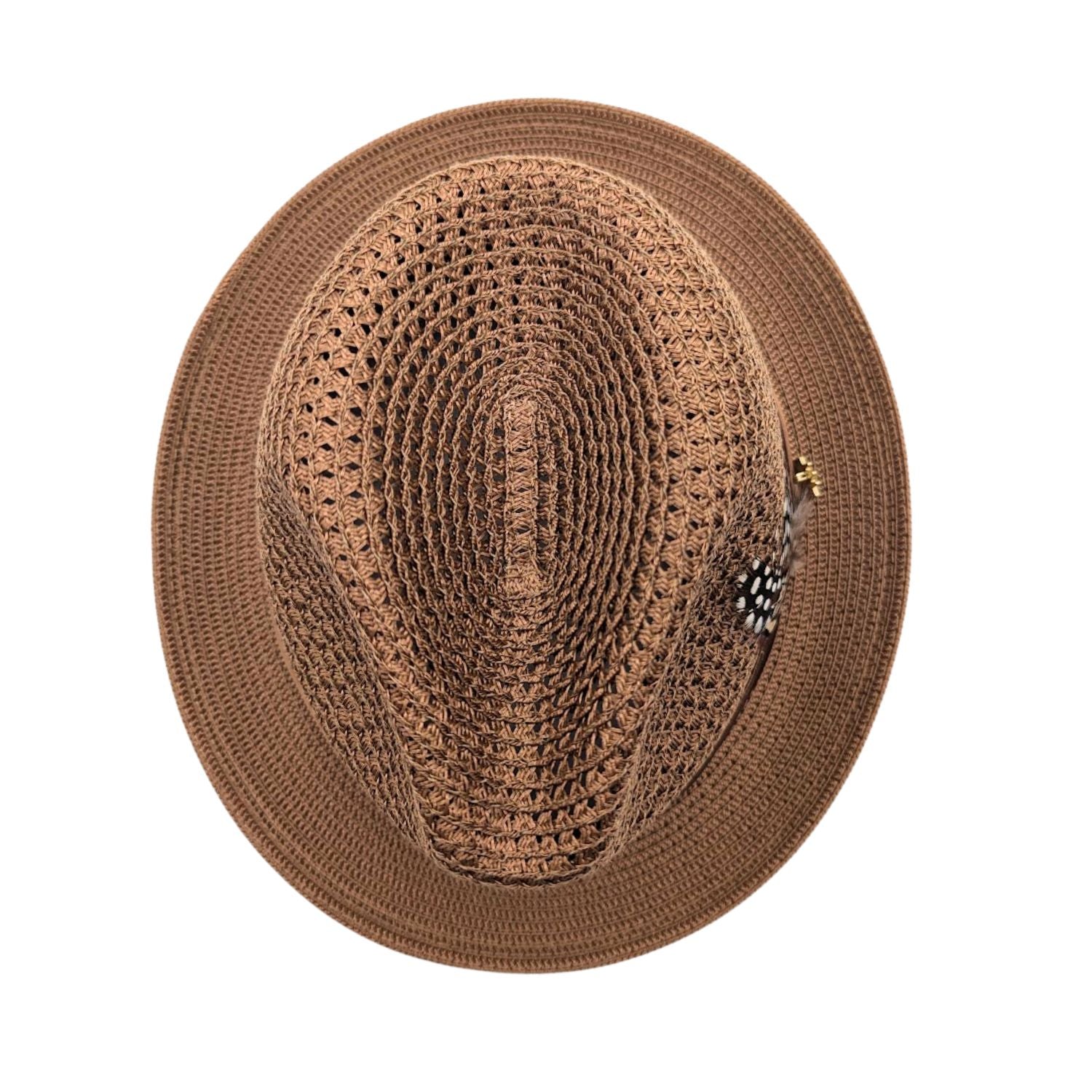 Cappuccino Montique fedora hat top view with open woven crown, matching brim, and side feather detail