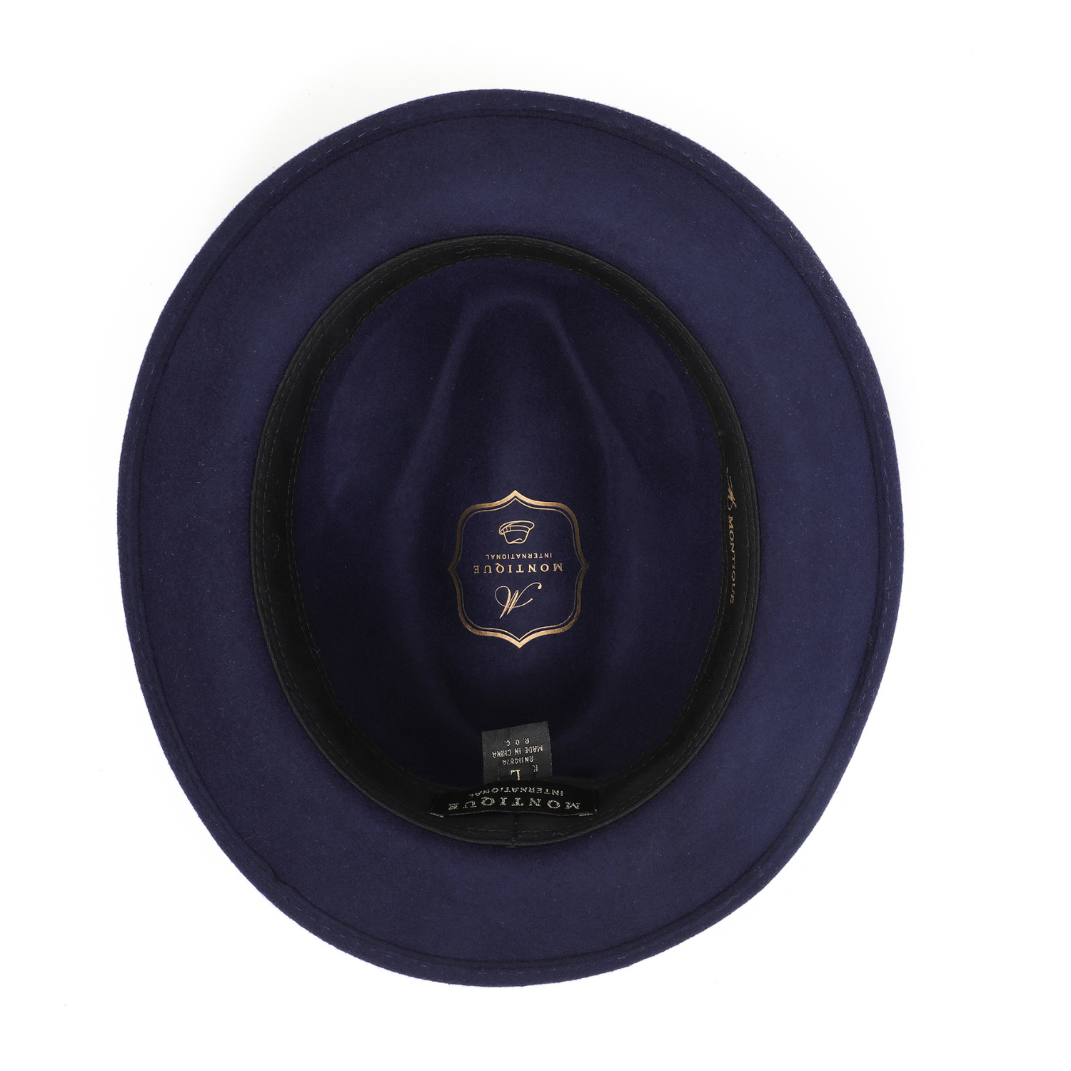 inside view of montique navy wool felt fedora with sweatband