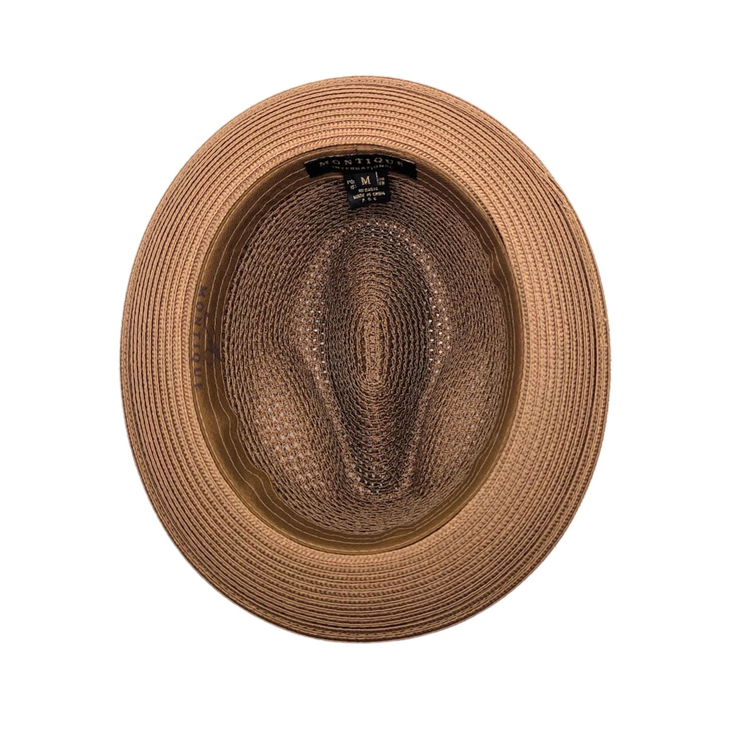 Cappuccino Montique fedora hat interior view with open weave crown, white sweatband, and branded label