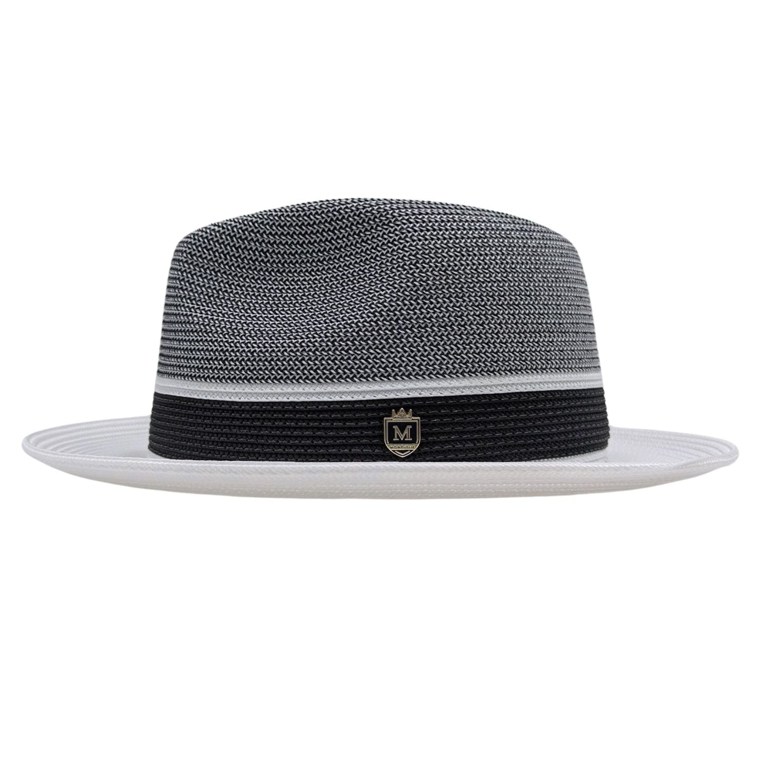 White fedora hat side view with black band, white accent stripe, black and white woven crown, and Montique logo pin