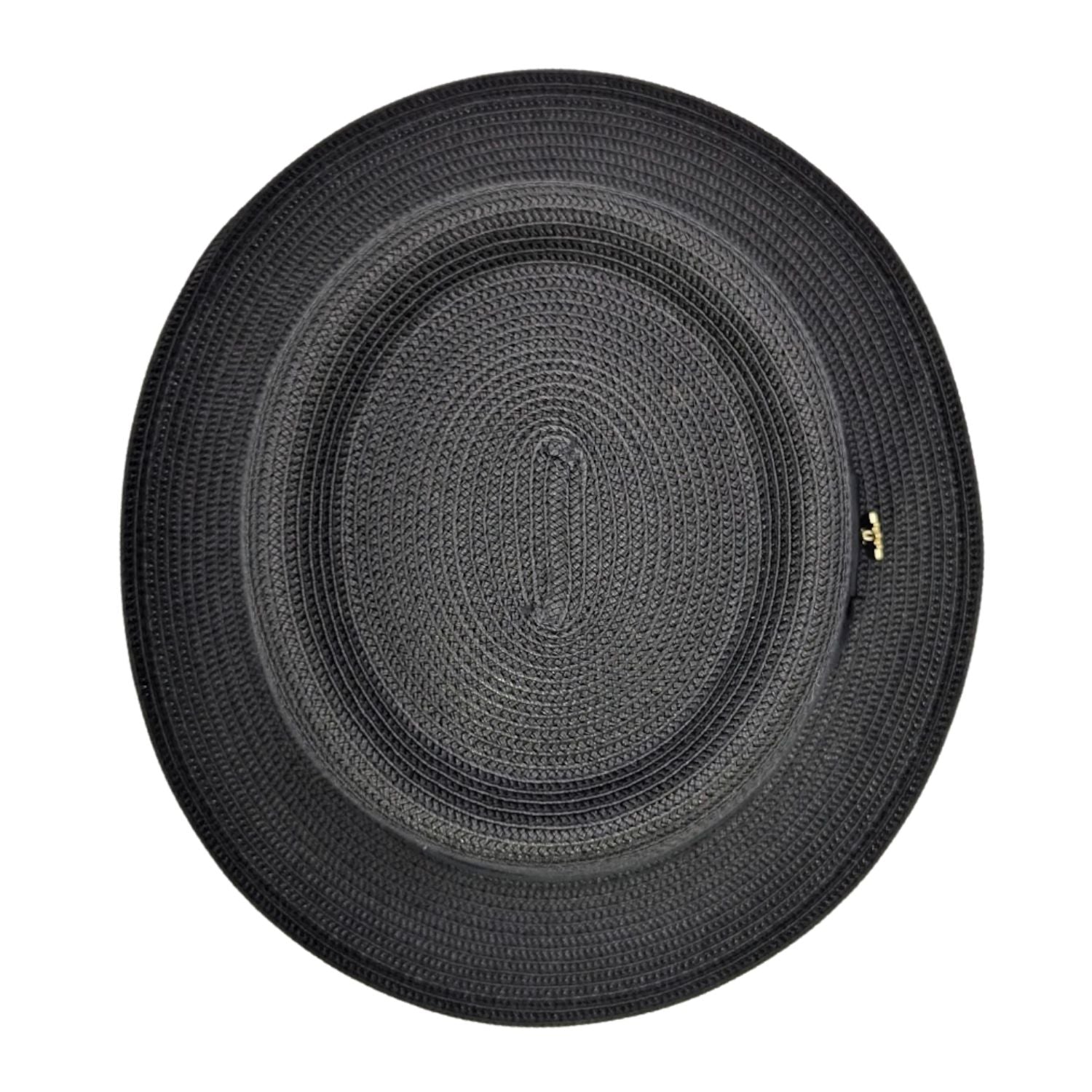 Montique black straw pork pie hat top view with braided crown