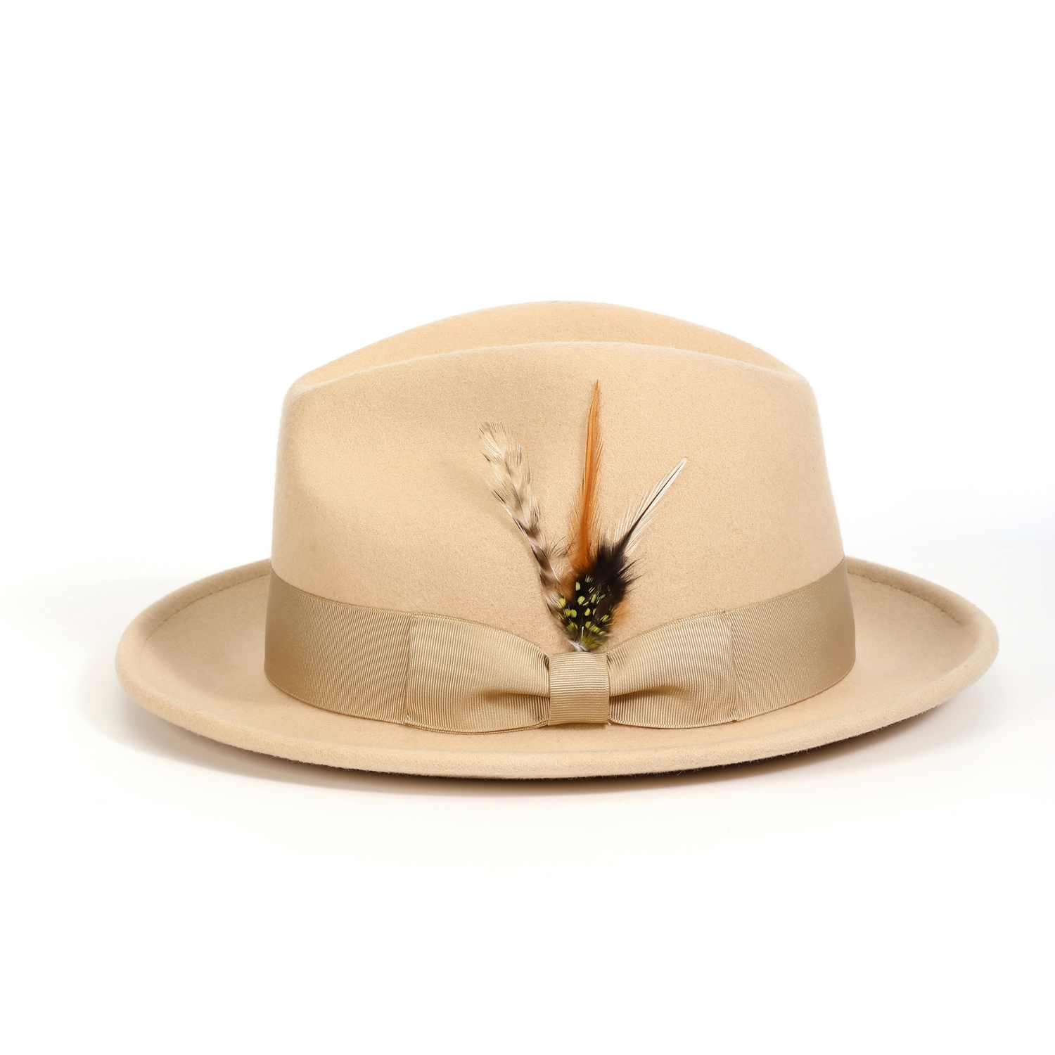 beige felt fedora pinch crown hat with feather detail